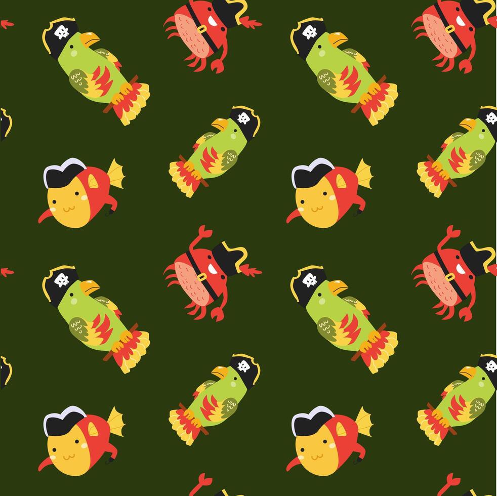 Pirate-themed cartoon fish and crab pattern on dark green background vector