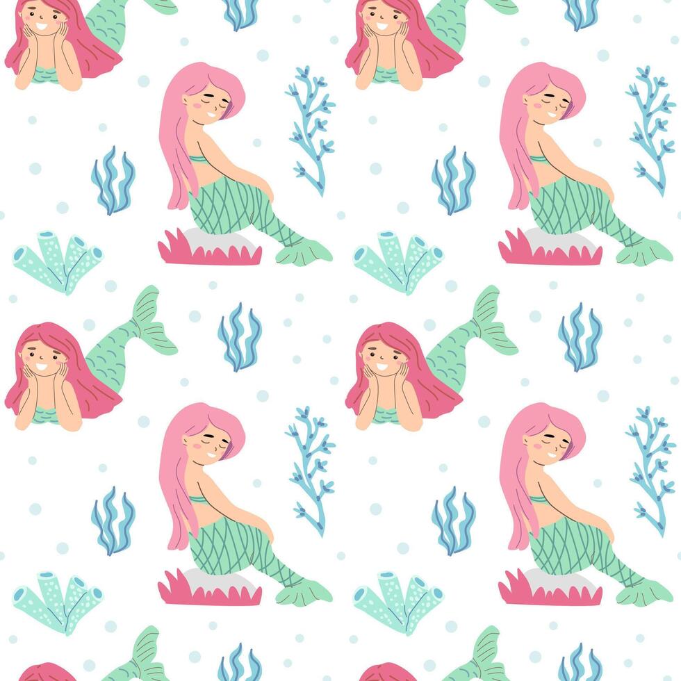 Seamless mermaid pattern with pink-haired mermaids, coral, and seaweed on light background vector