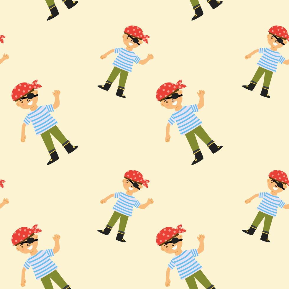 Cartoon pirate child pattern with red bandana and eye patch on light background vector