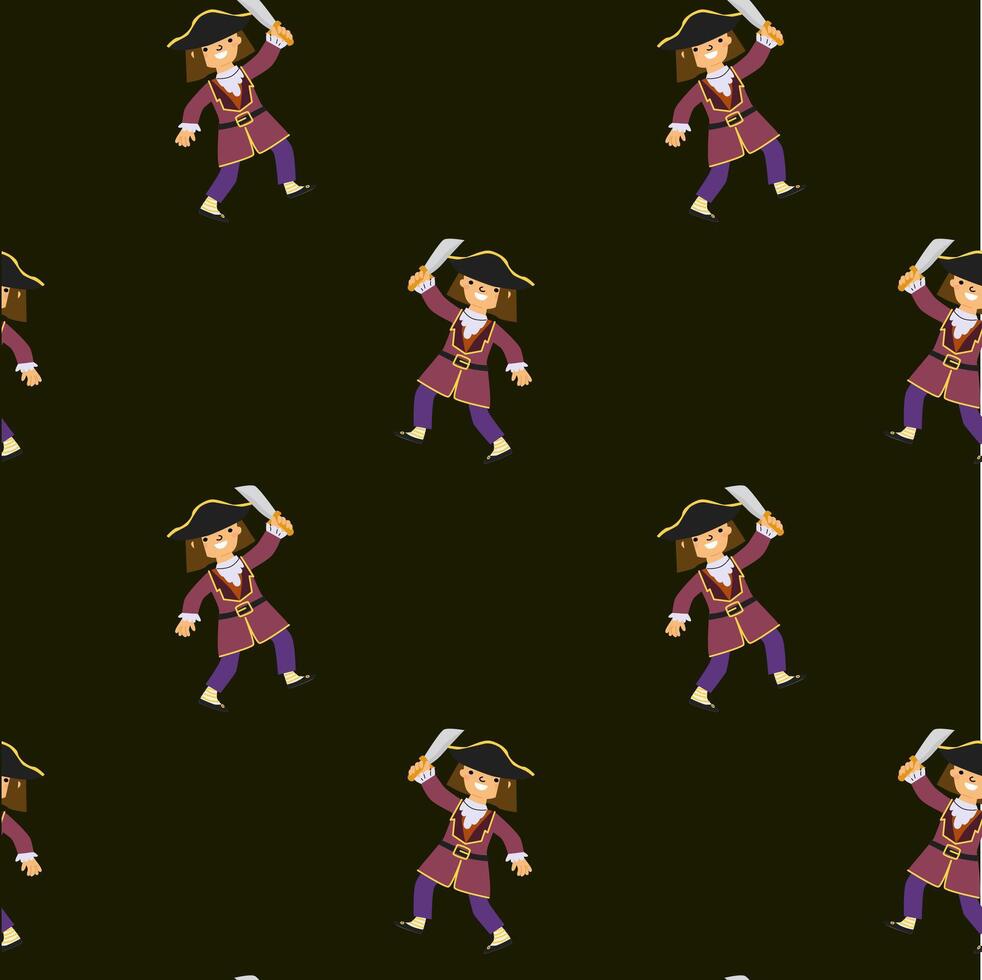 Cartoon pirate pattern with child characters on dark background vector