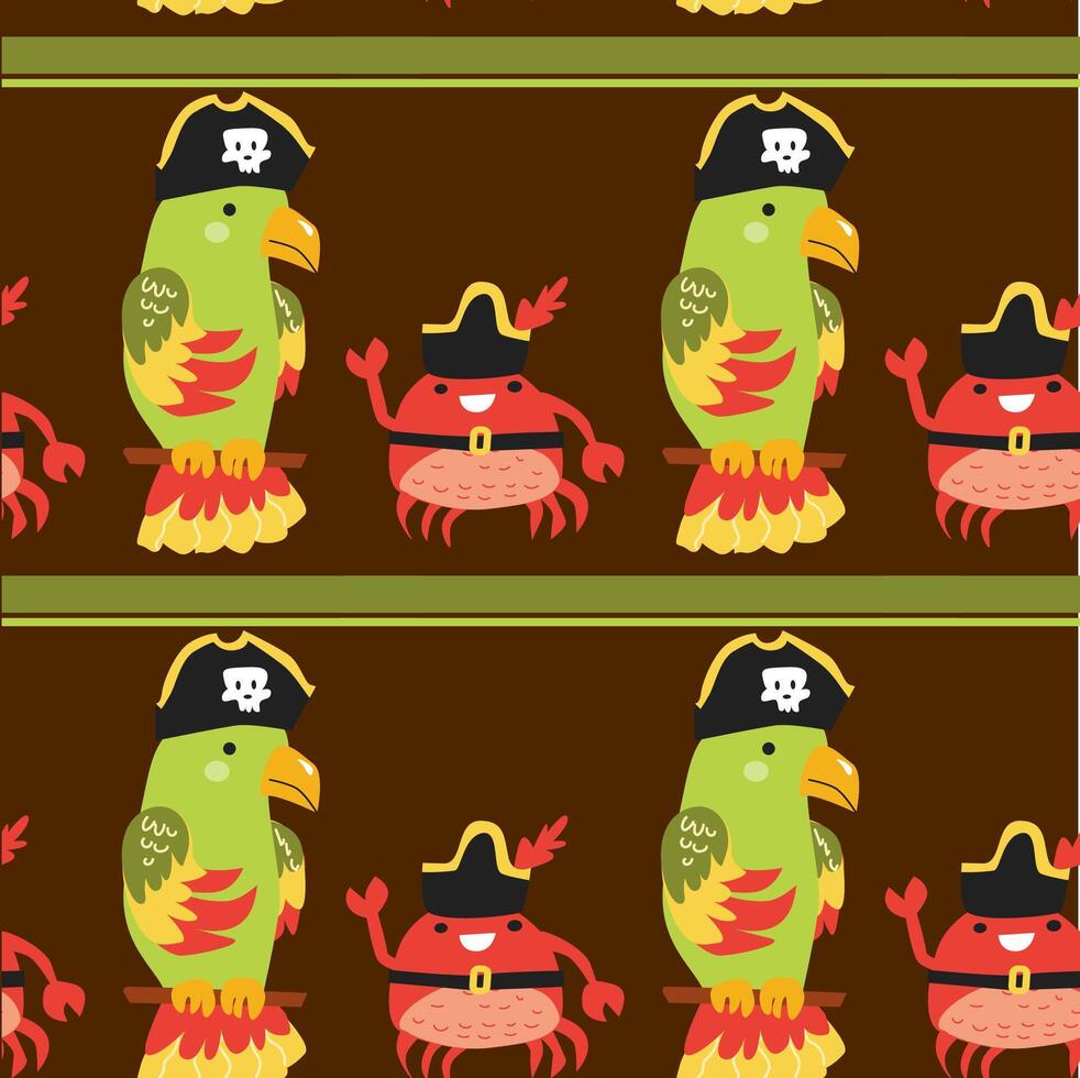 Seamless pirate parrot and crab pattern on brown background for kids vector
