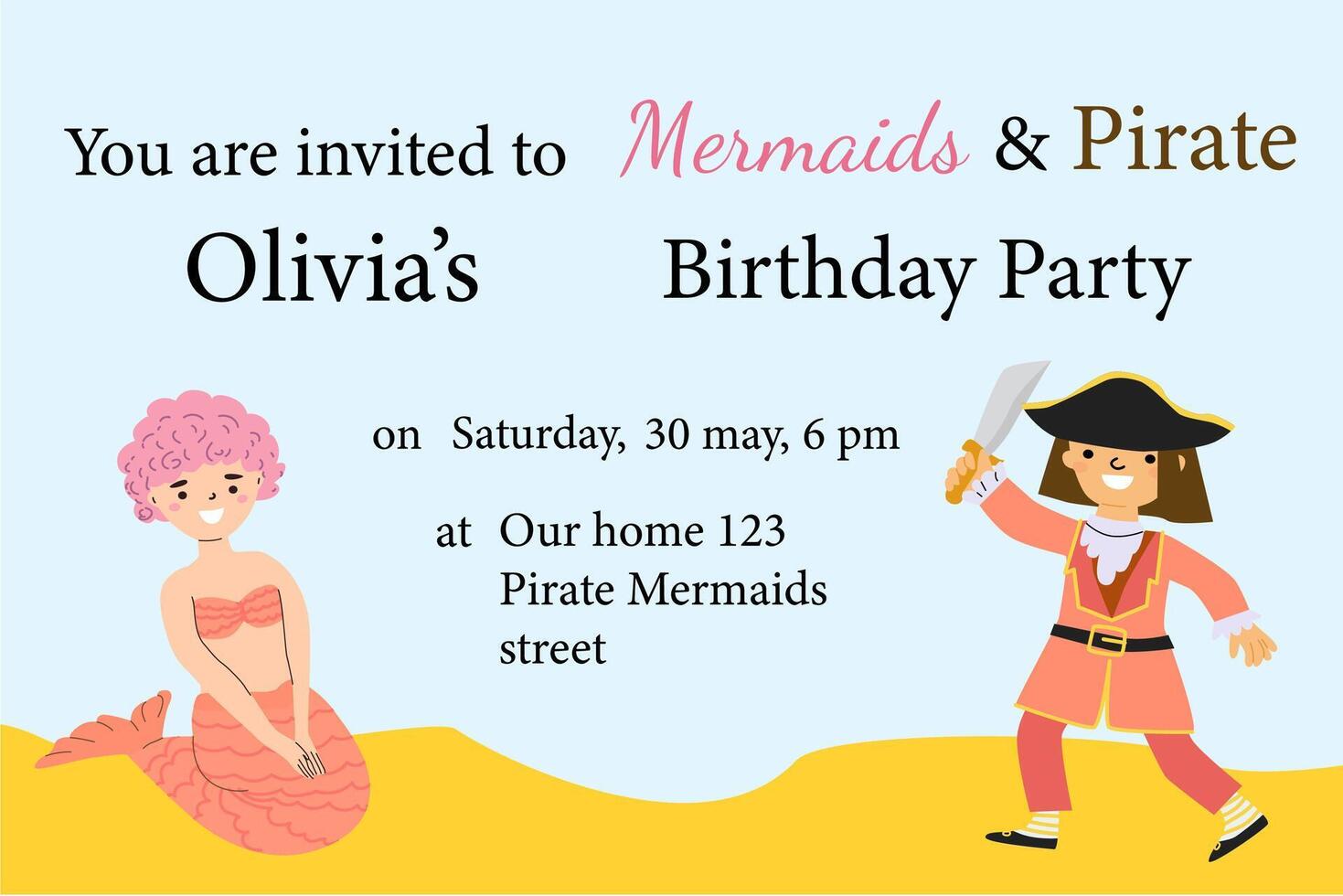 Mermaids and pirates theme birthday party invitation for children vector