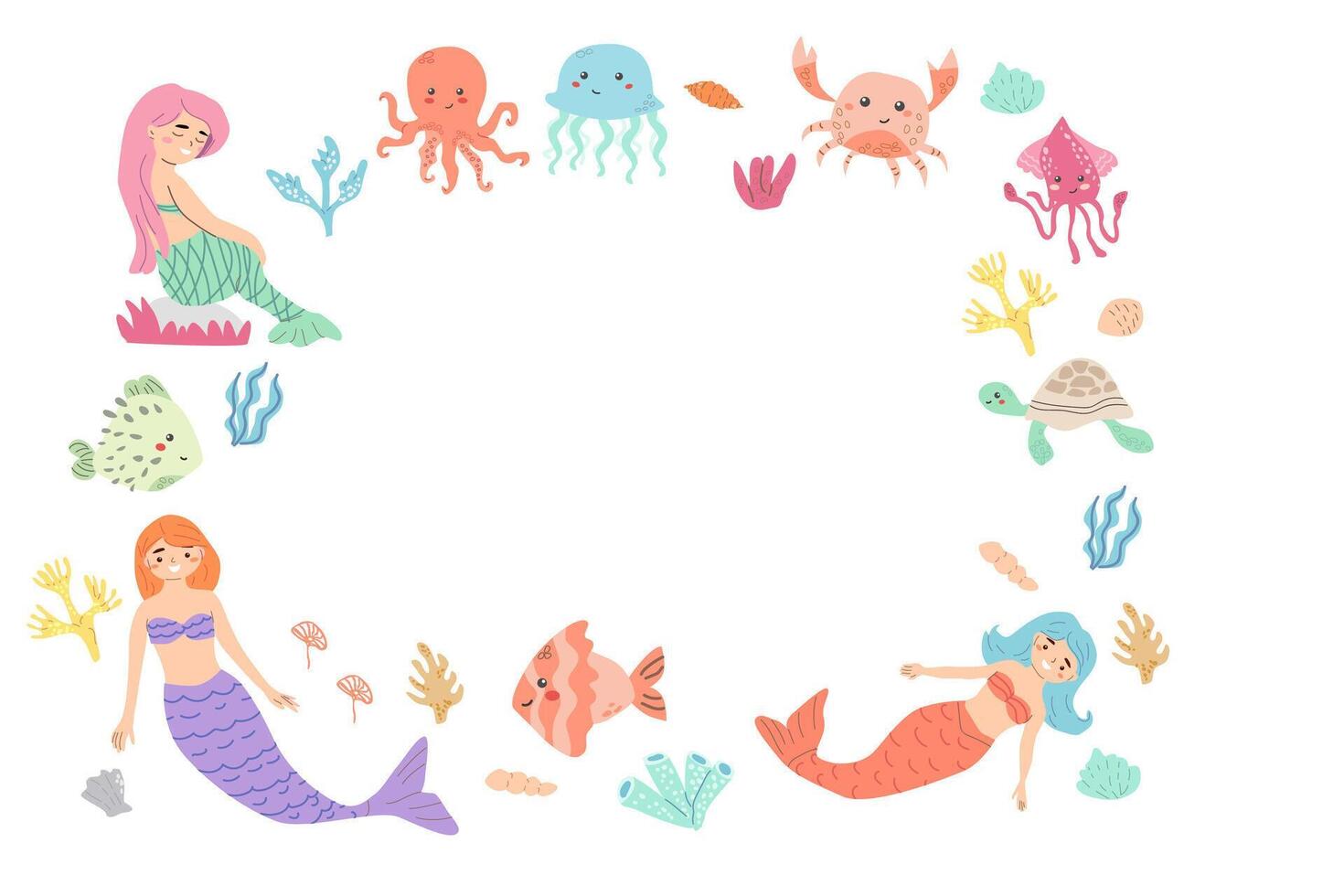 Colorful marine life frame with mermaids, octopus, jellyfish, crab, and sea turtle vector