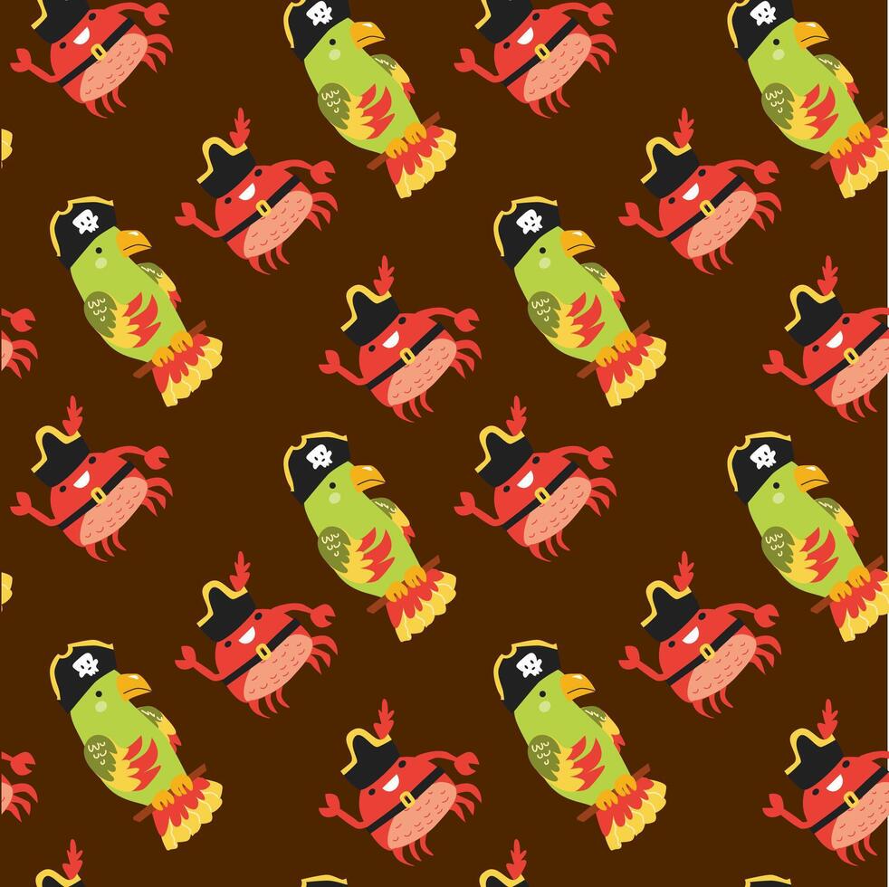 Colorful pirate-themed pattern with parrots and crabs on brown background vector
