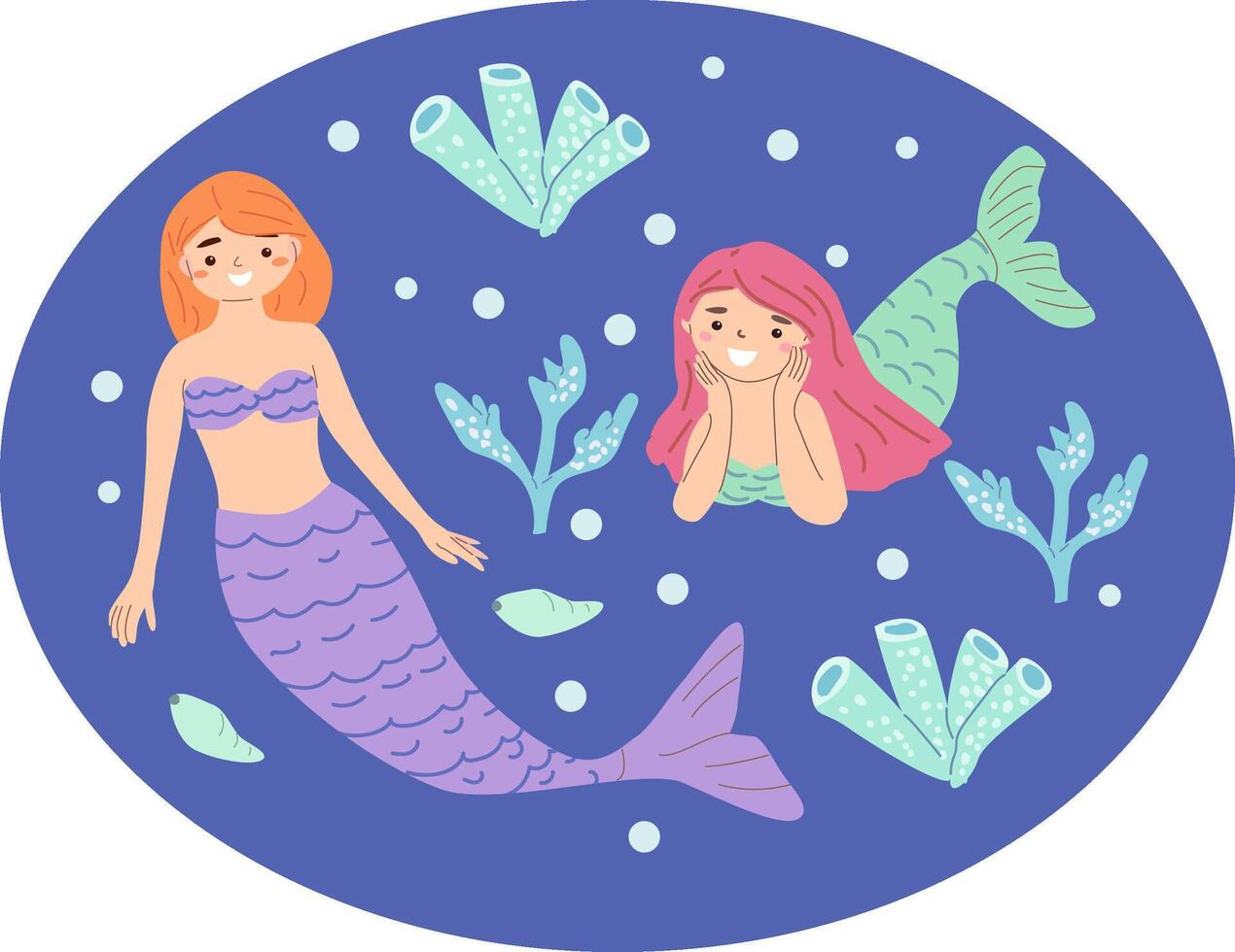 Two female mermaids with red and pink hair in an underwater scene with coral and fish vector