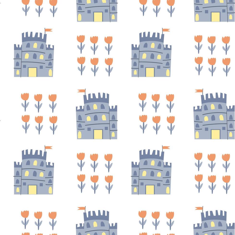 Whimsical princess castle and tulip pattern for children design projects vector
