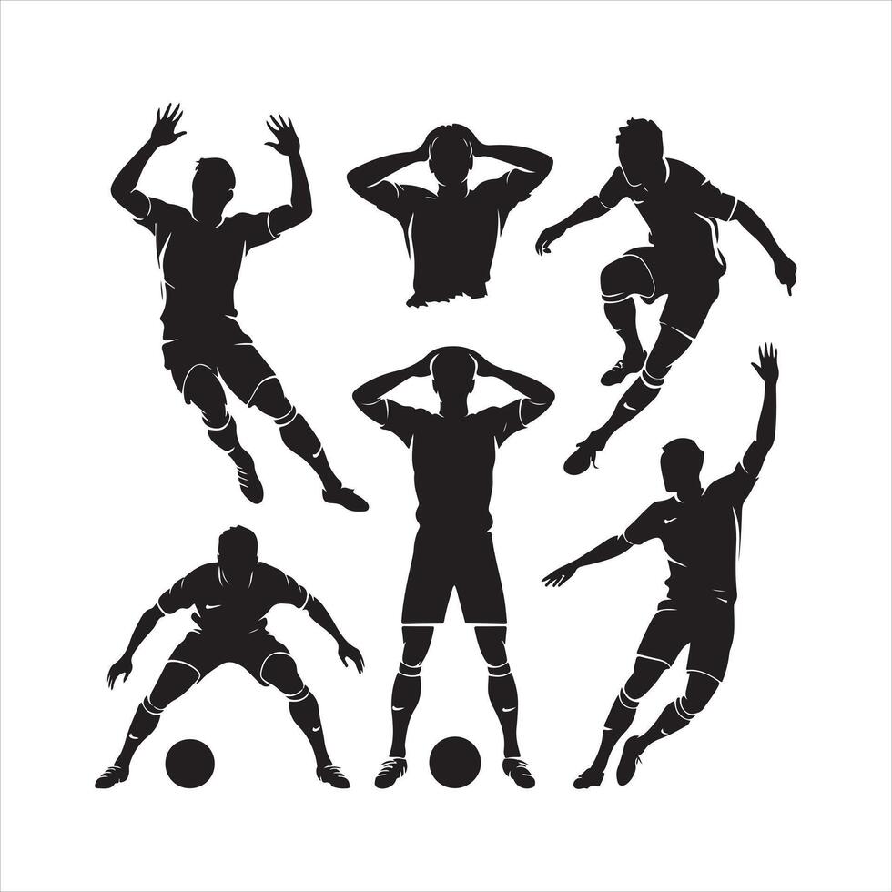 figures of soccer players in various dynamic black silhouette on white background vector