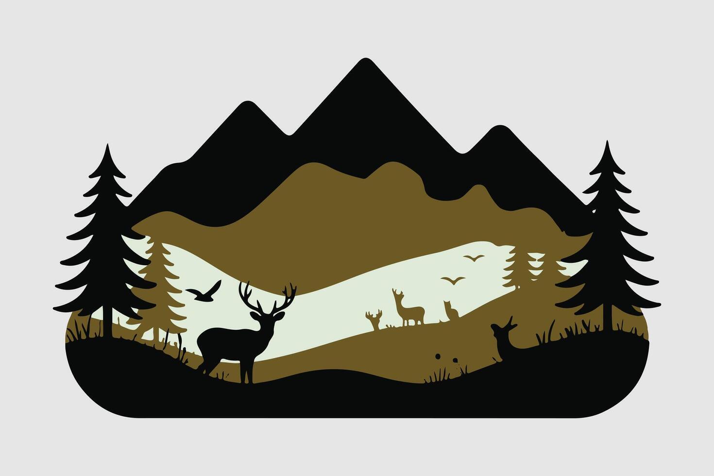Flat Minimal Silhouette of Deer in Forest Mountain vector