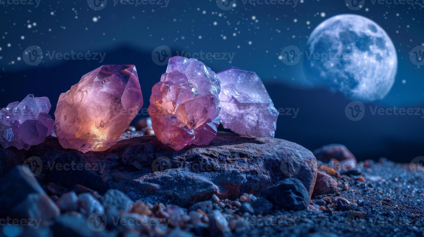 Healing crystals resting on rocks under a full moon. Energy cleansing ritual. Charging process of gemstones, soft glow photo