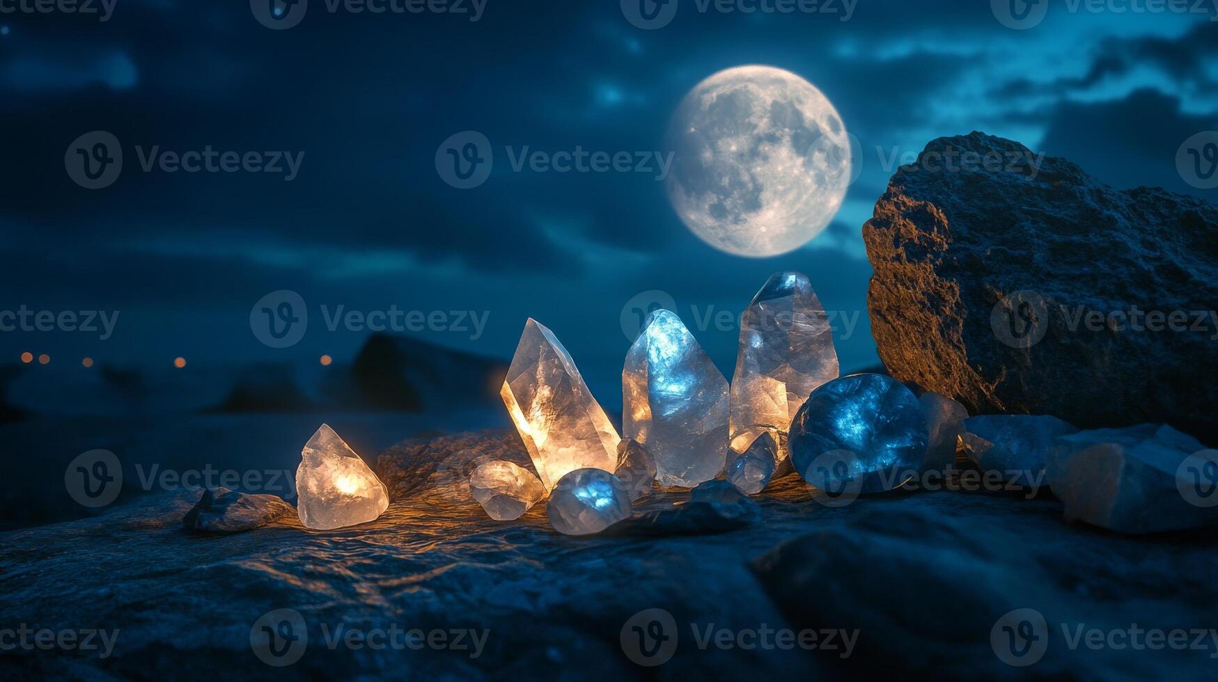 A cluster of healing crystals rests on a rocky surface under full moon. Moonstone and labradorite, energy cleansing photo