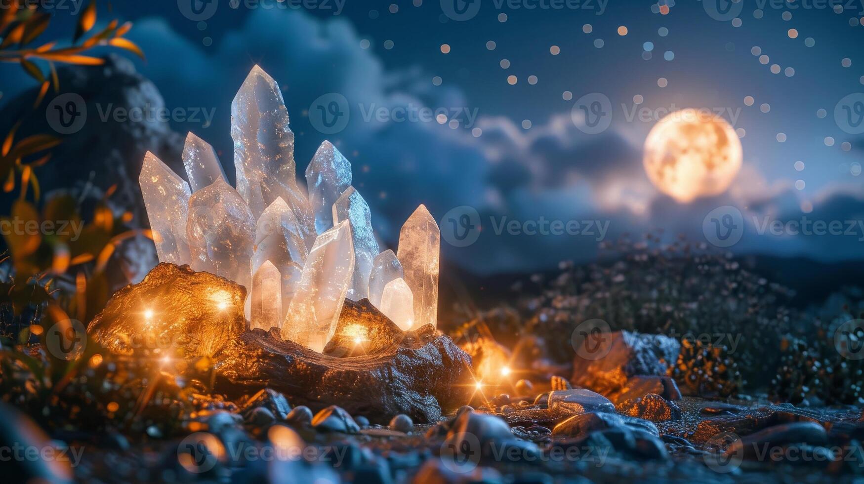 Glowing healing crystals illuminated by full moon. Ritual of energy cleansing and charging under starry night sky photo