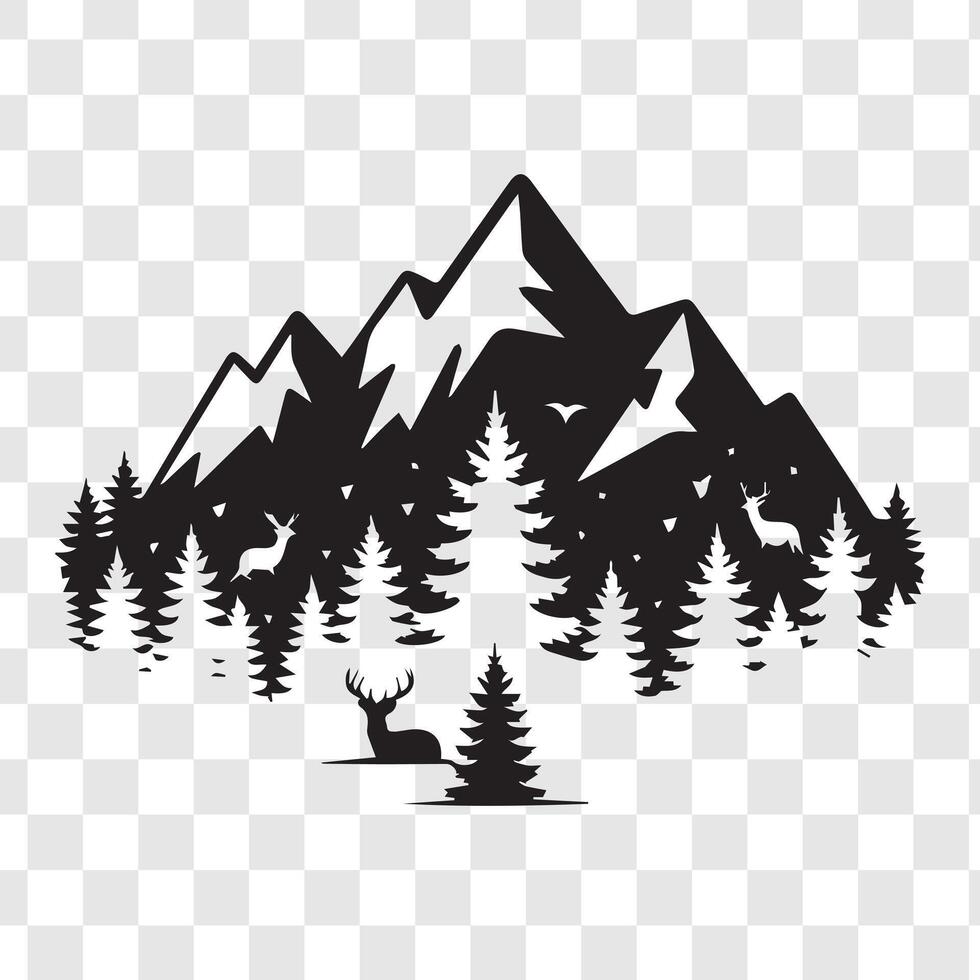 Smooth Flat Silhouette of Mountains and Forest in Black Design vector