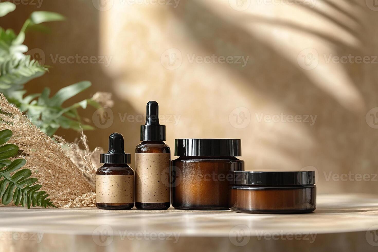 Bottles and jars for cosmetics for face and body care. Mock-up of jars on a marble podium. Generated by artificial intelligence photo