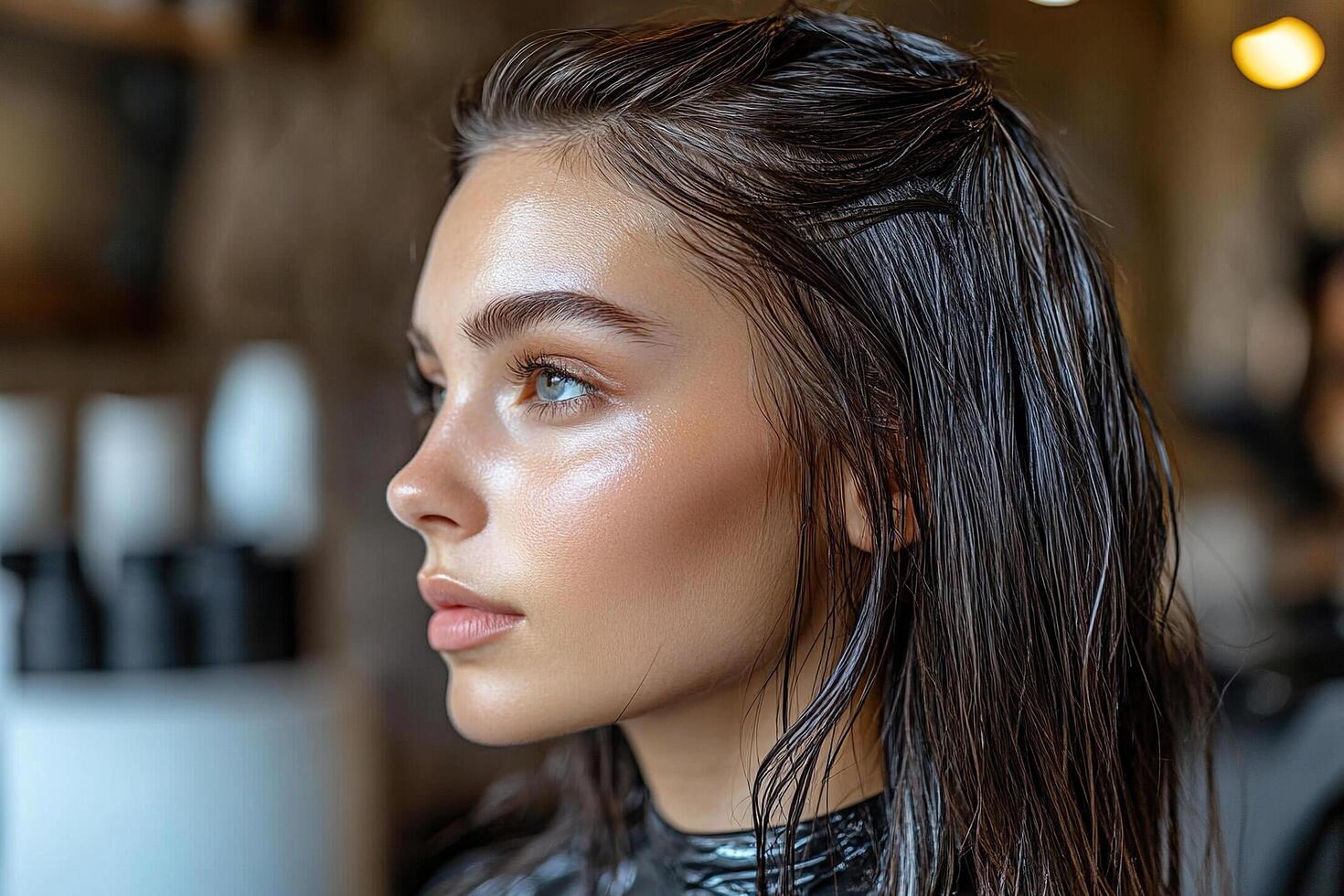 Young brunette woman with wet hair sitting on a chair in a hairdressing salon. Salon, hairdresser, hair care. photo