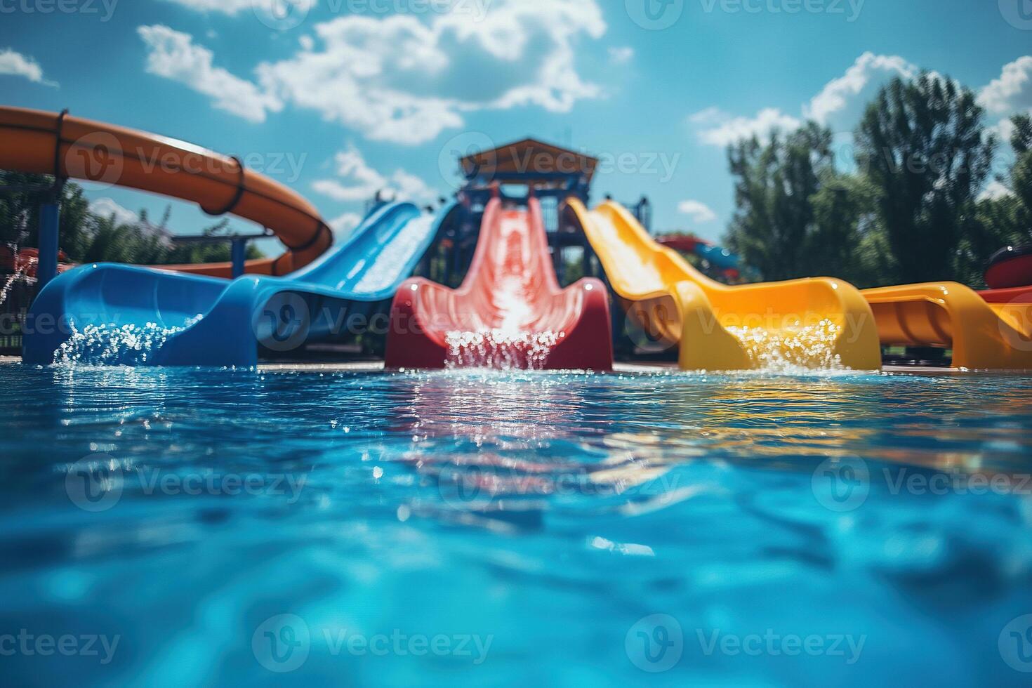Close up of empty water slides with clear blue water in swimming pool. photo