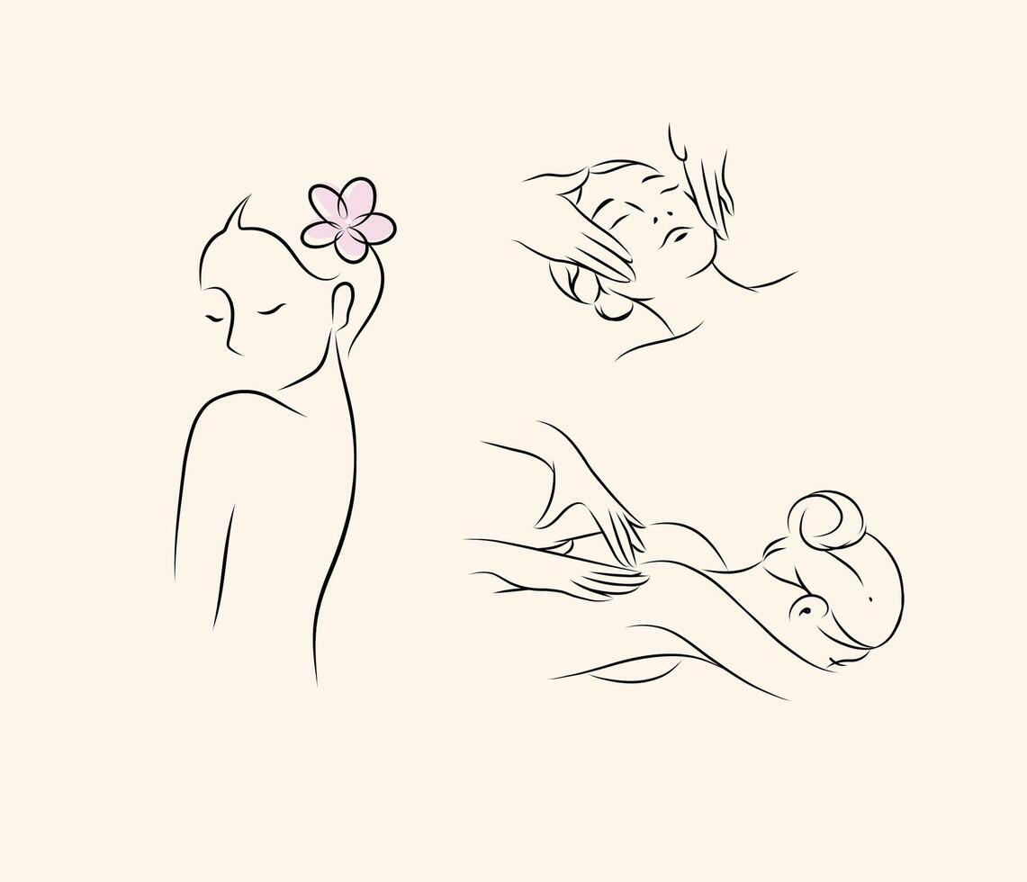 Woman silhouette on back and face massage drawing in minimalist style on beige color background vector