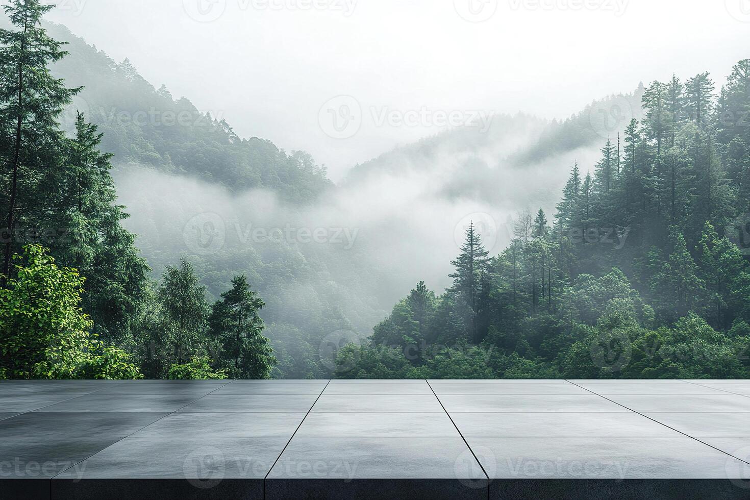 Empty platform or terrace for product presentation with forest view. photo