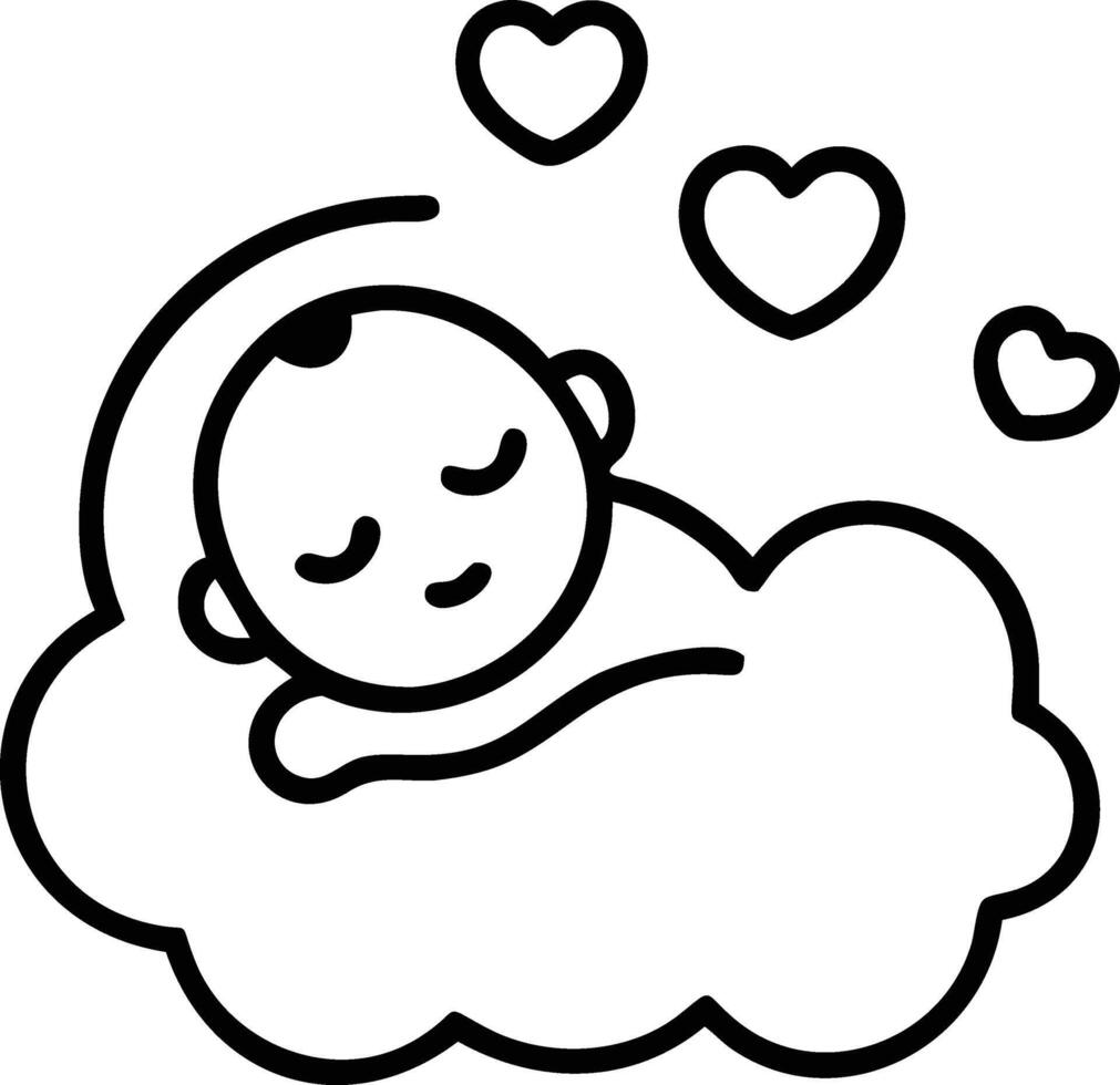 Simple Line Art of Sleeping Baby on Cloud with Hearts Icon Isolated vector