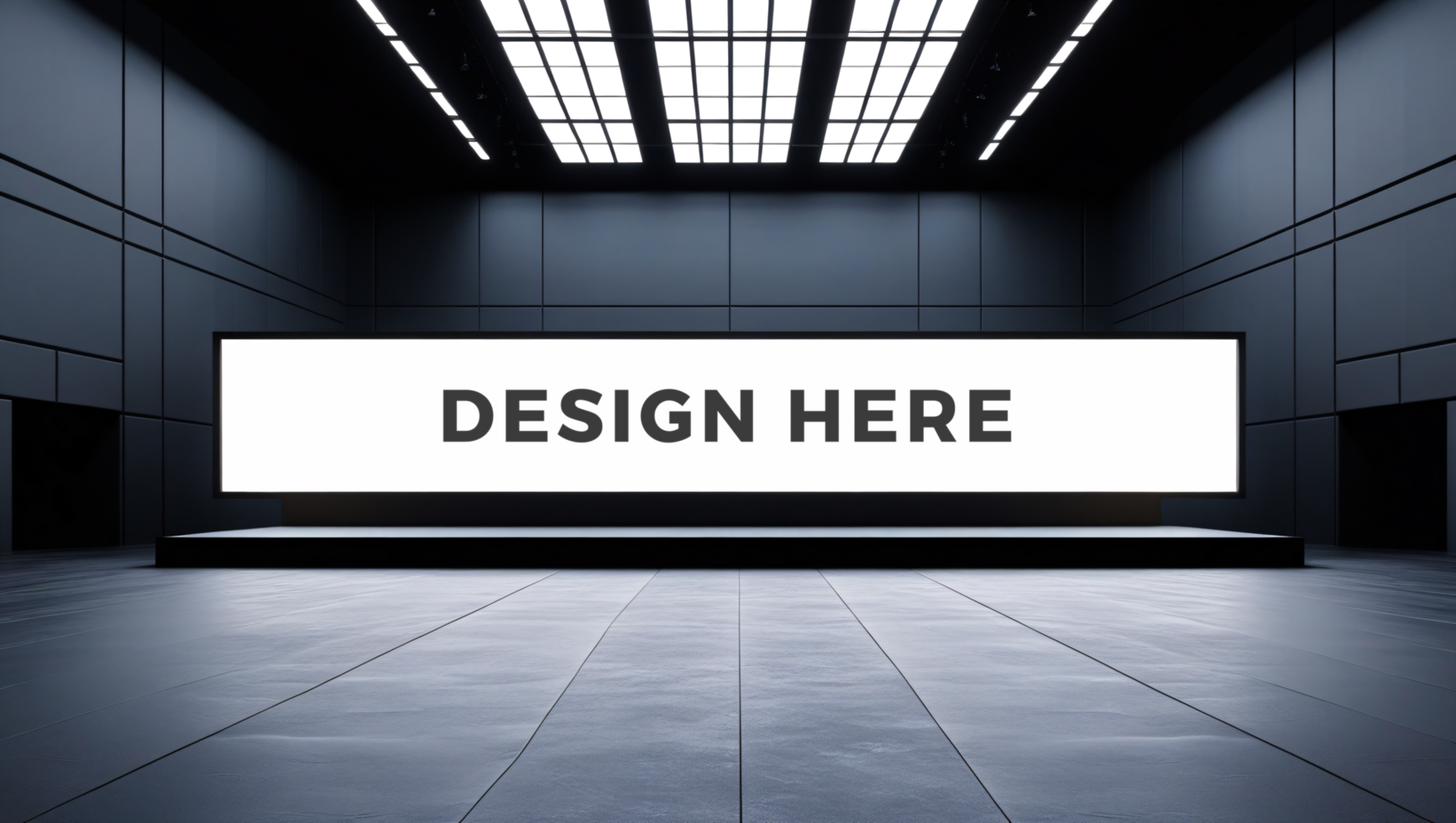 Long panoramic screen mockup in exhibition hall for announcement media psd