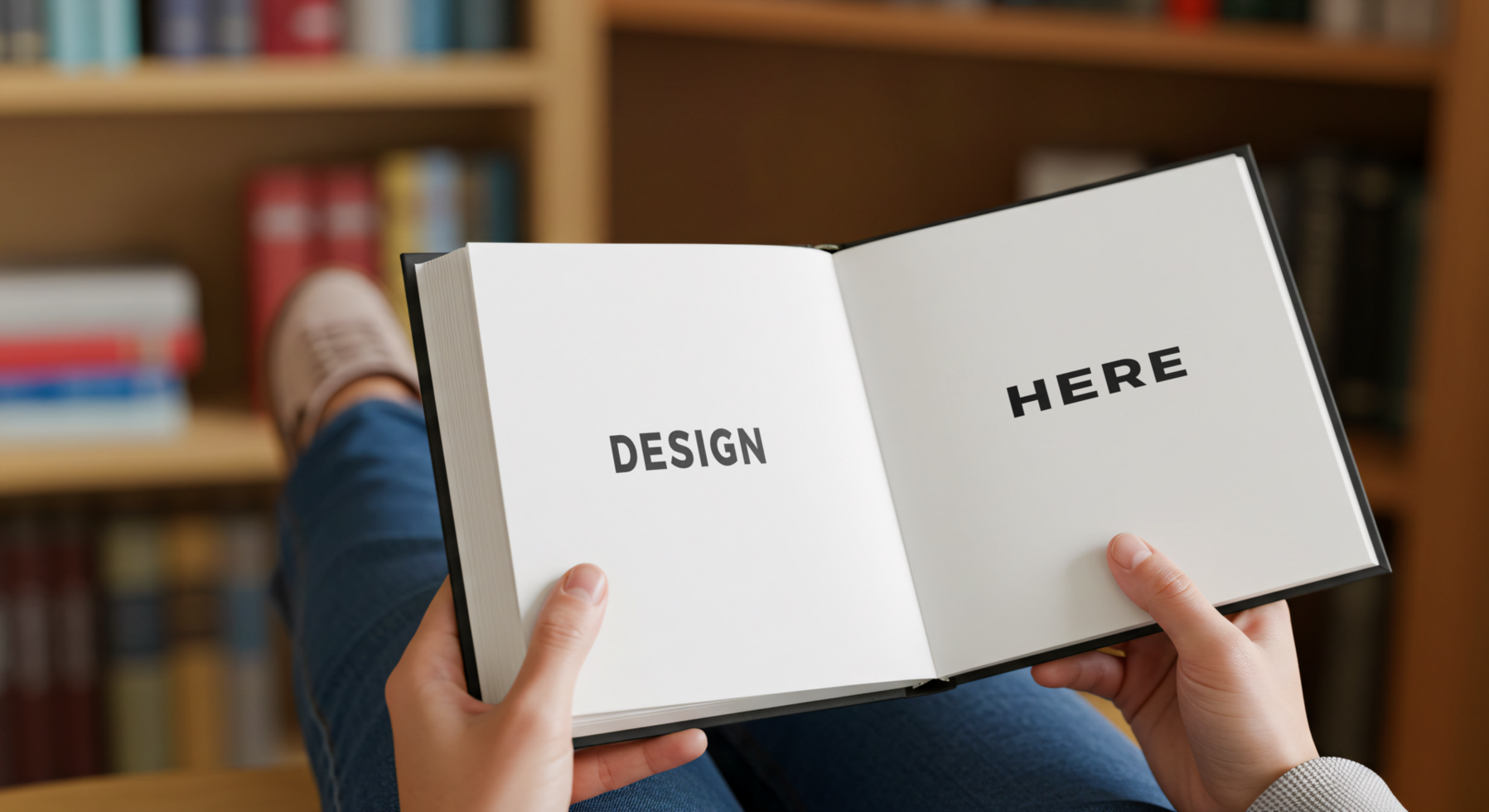 Hand holding open book page mockup in library for education art placement psd
