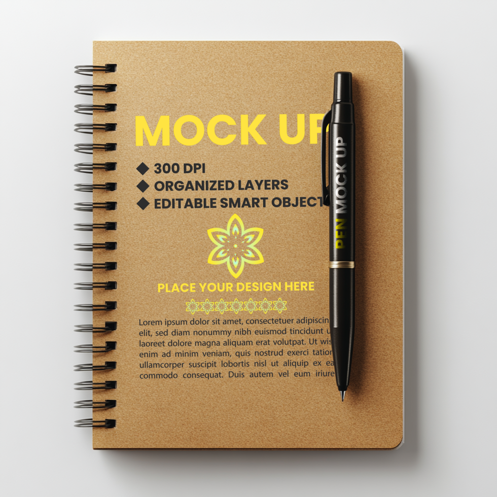 Notebook cover mock up featuring spiral notepad spring binder and corporate diary note psd