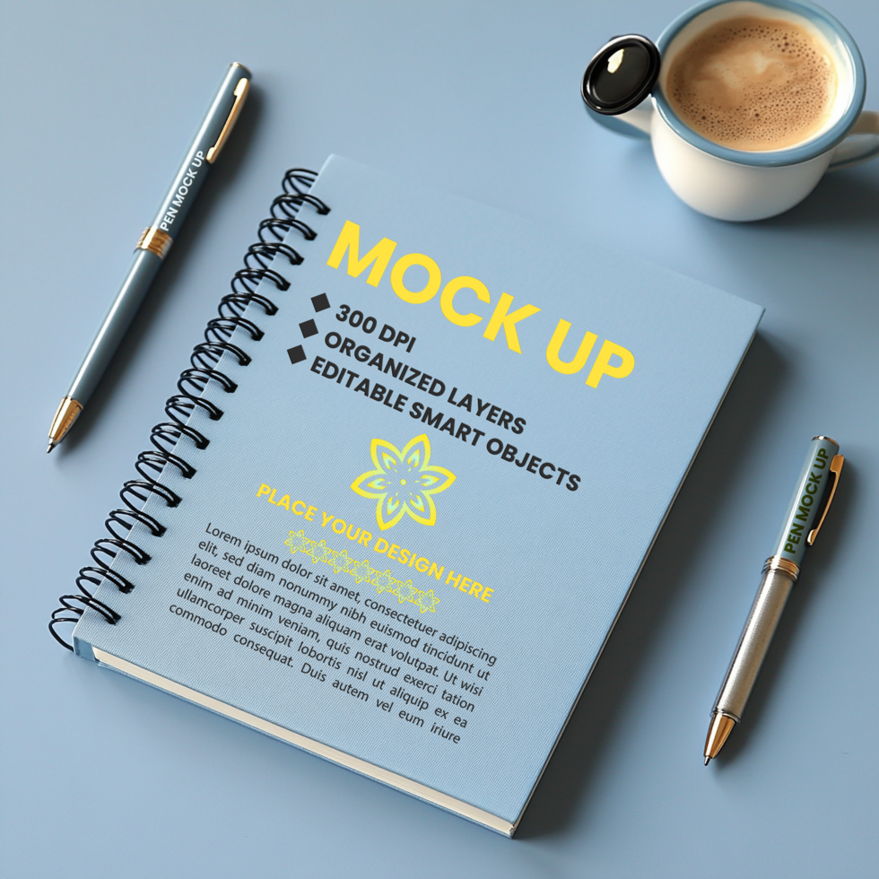 Corporate diary mock up with spiral notebook spring notebook binder and notepad paper psd