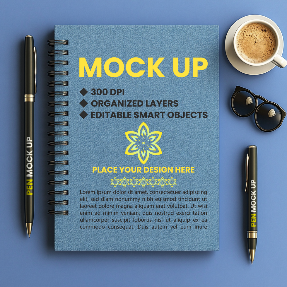 Spiral notebook cover mock up with notepad and binder paper for spring notebook and diary psd