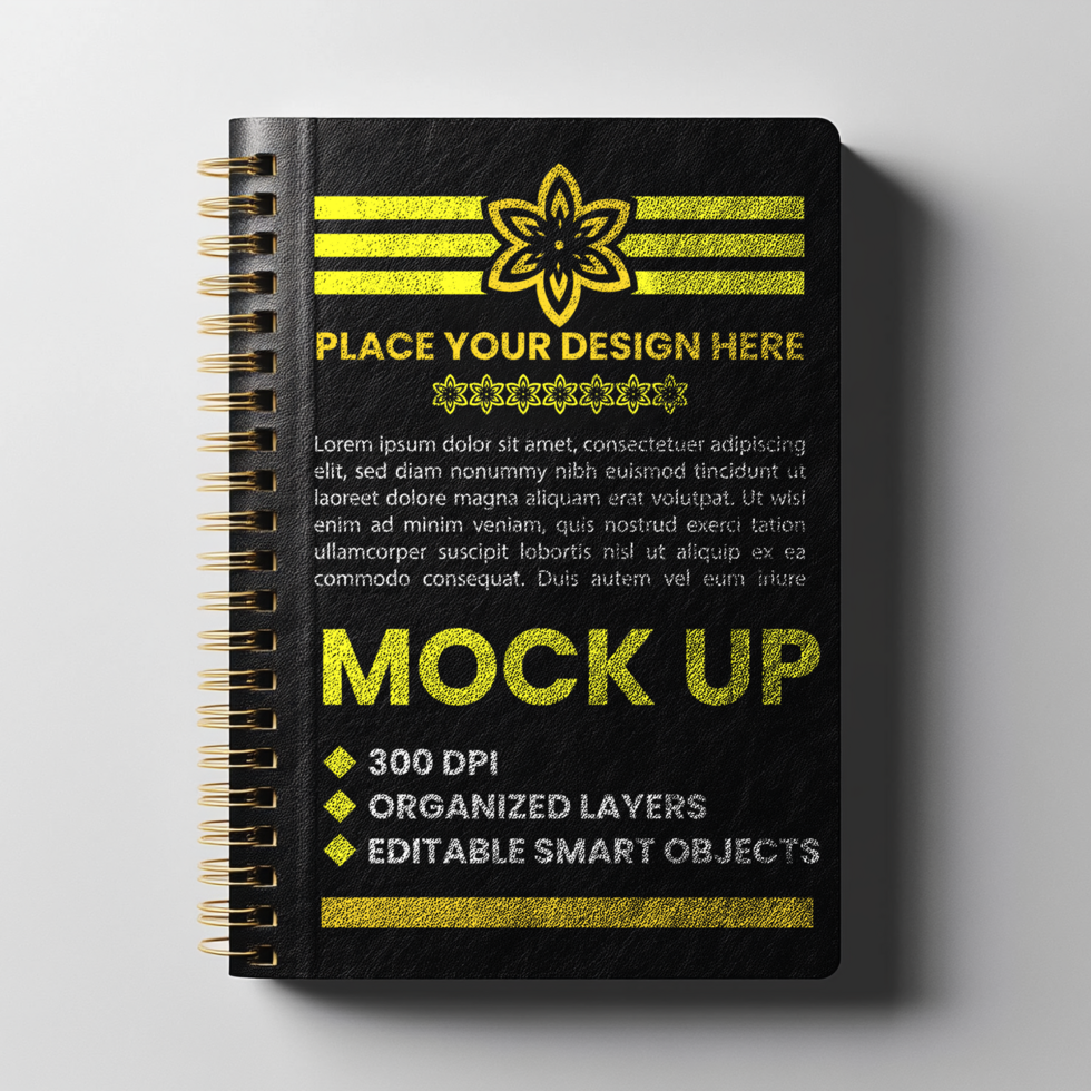 Notebook spiral binder mock up with spring paper diary and black cover notepad corporate use psd