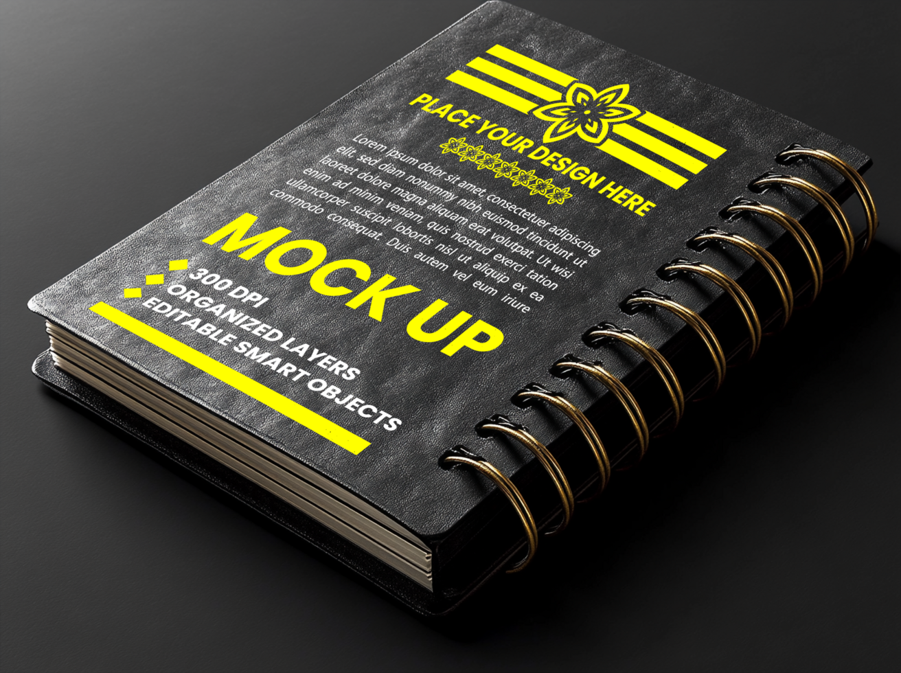 Spiral black notebook mock up with binder and spring paper notepad corporate diary and note psd