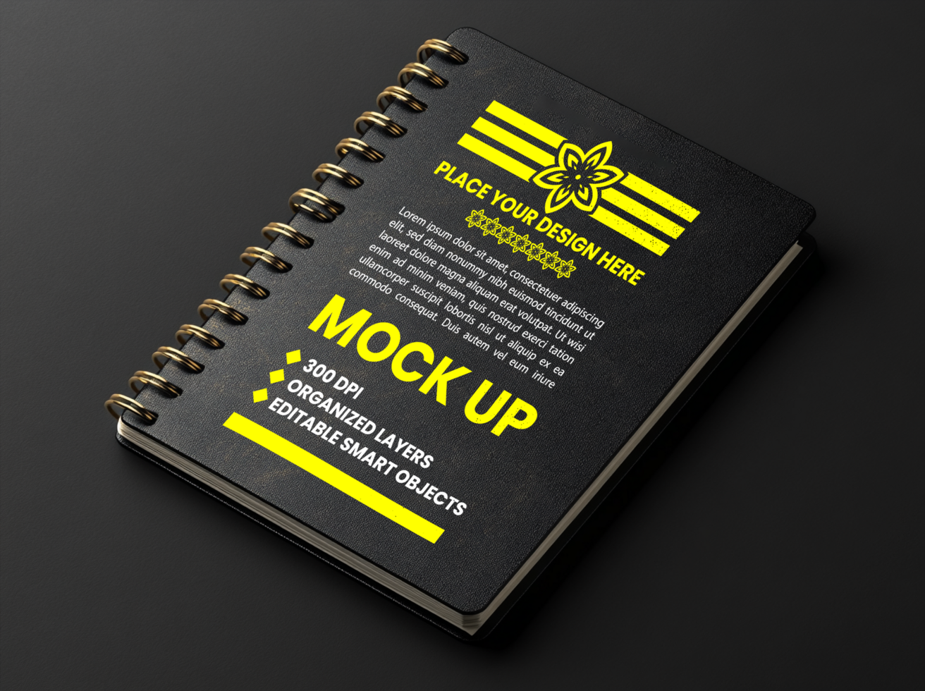 Spiral notebook binder mock up with corporate paper spring notepad black cover and diary note psd