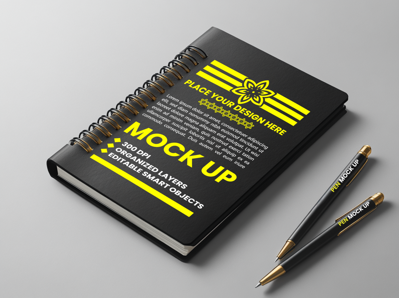 Spiral notebook black cover mock up for corporate binder spring notepad and paper diary use psd