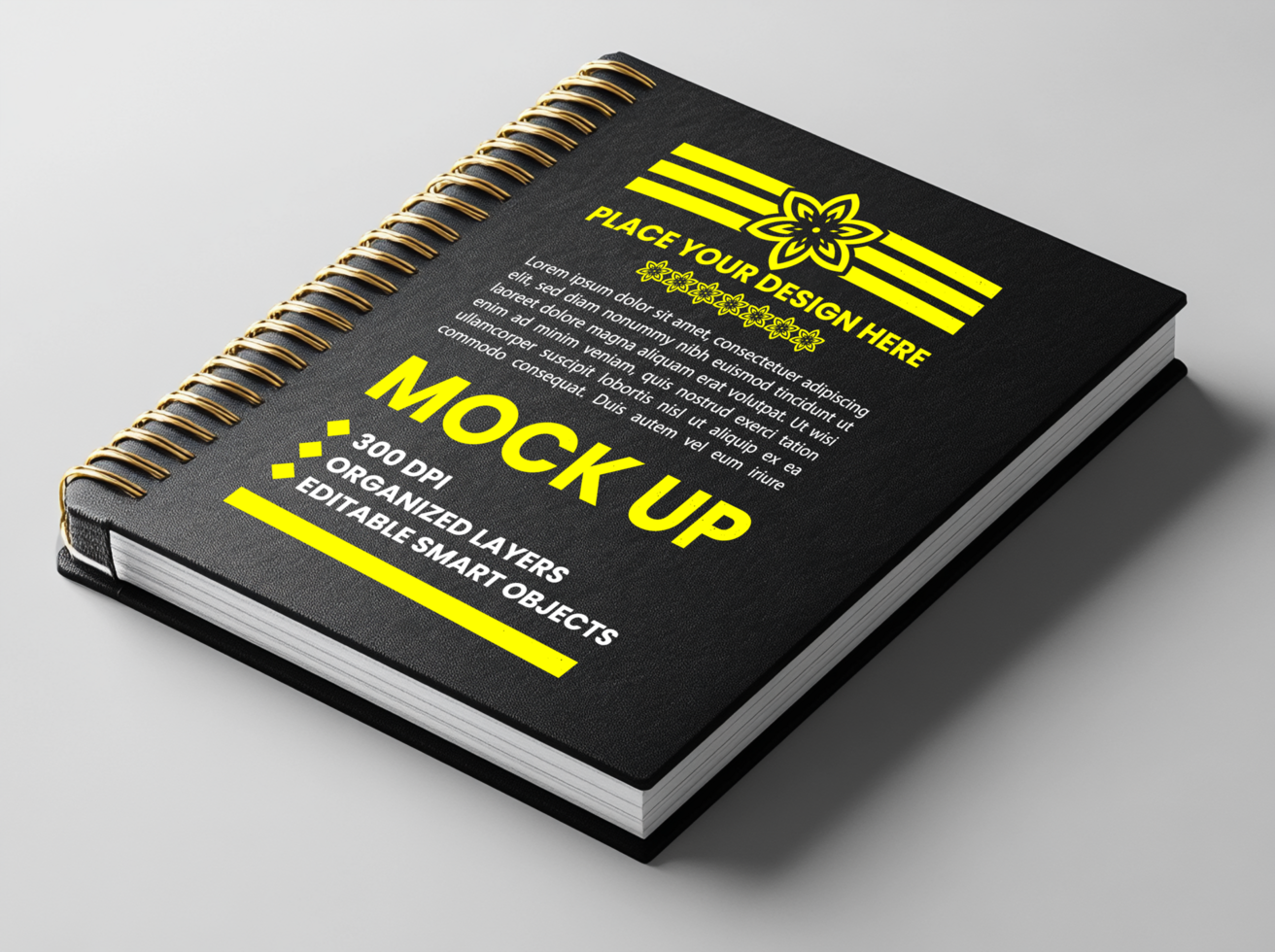 Paper note diary mock up with spiral notebook black cover spring notepad and binder corporate psd