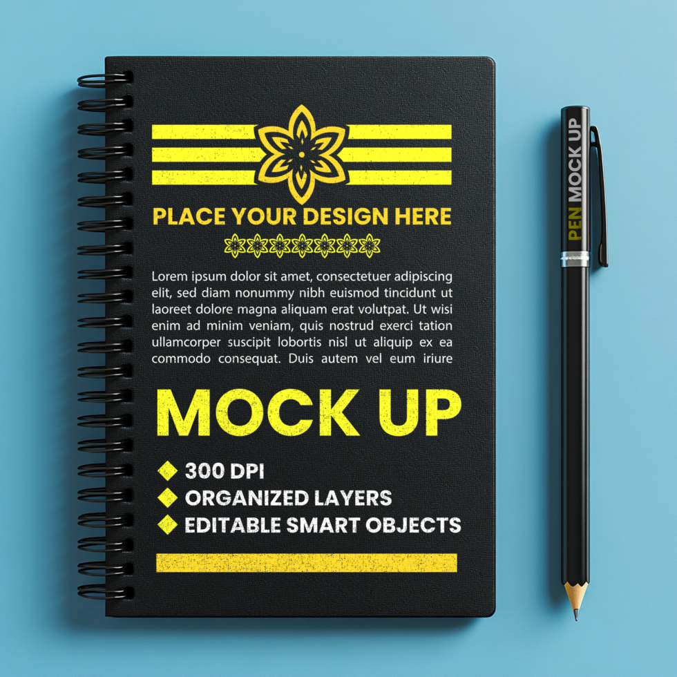 Spiral black notebook mock up with spring binder notepad and paper note for corporate diary psd