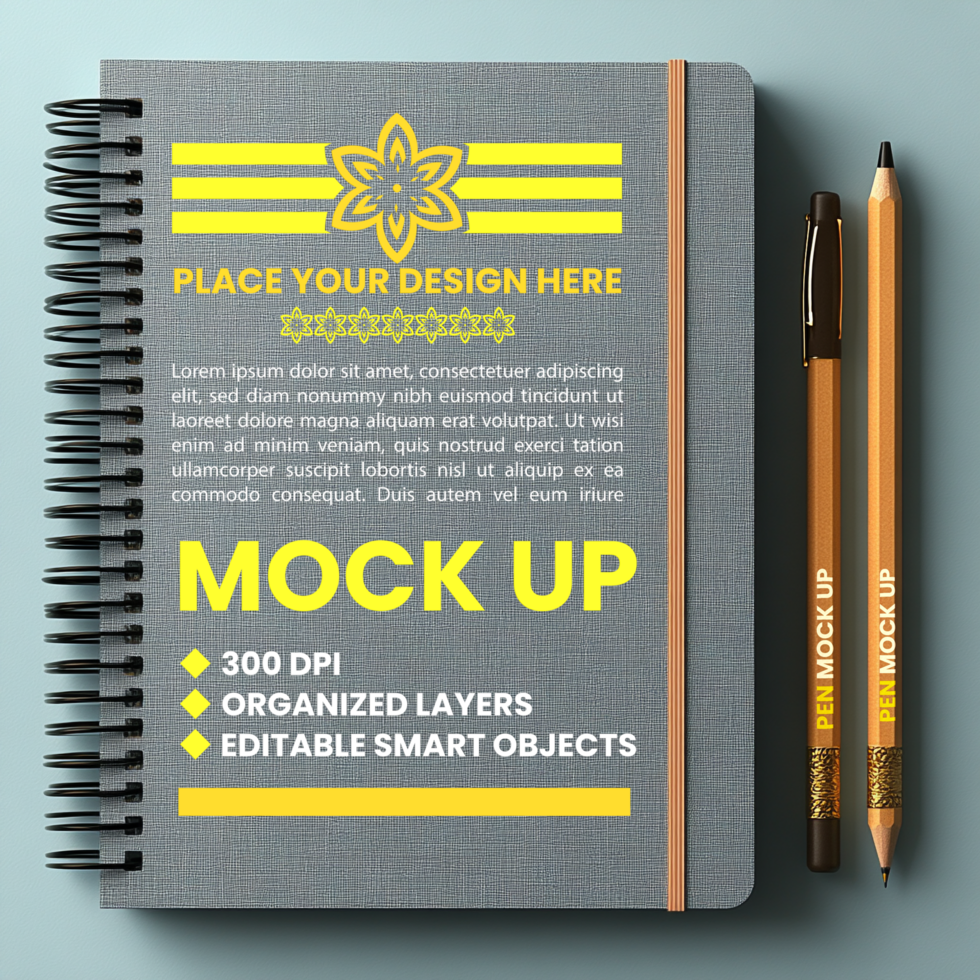 Spring notebook gray cover with spiral notepad and binder mock up for diary corporate paper psd