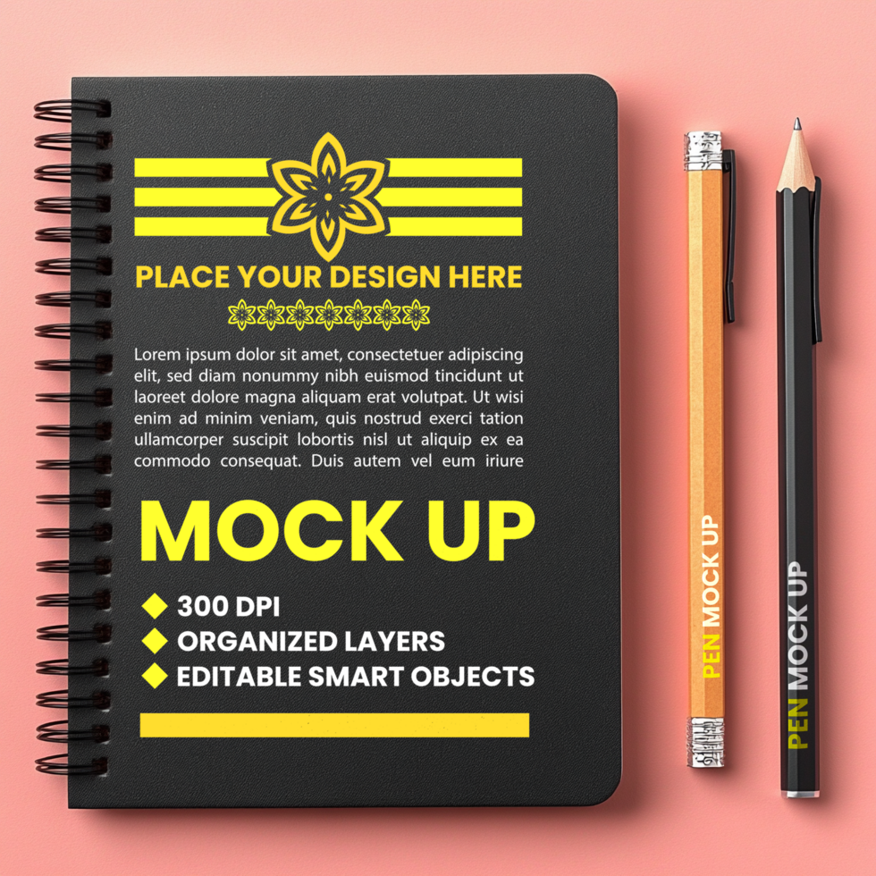 Spring diary black spiral notebook binder and paper mock up for corporate notepad and notebook psd