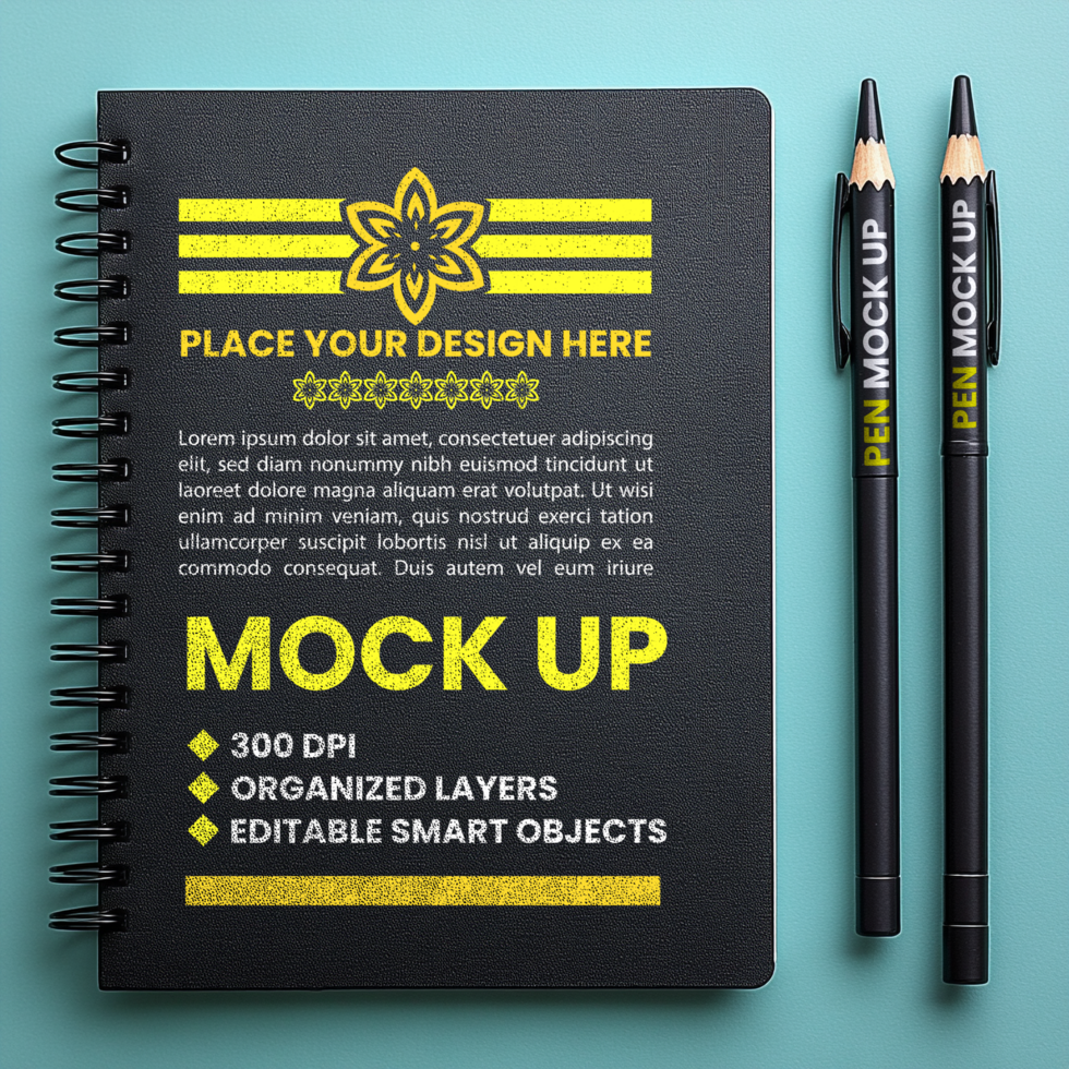 Binder paper spiral notebook and spring notepad black cover mock up for corporate diary use psd