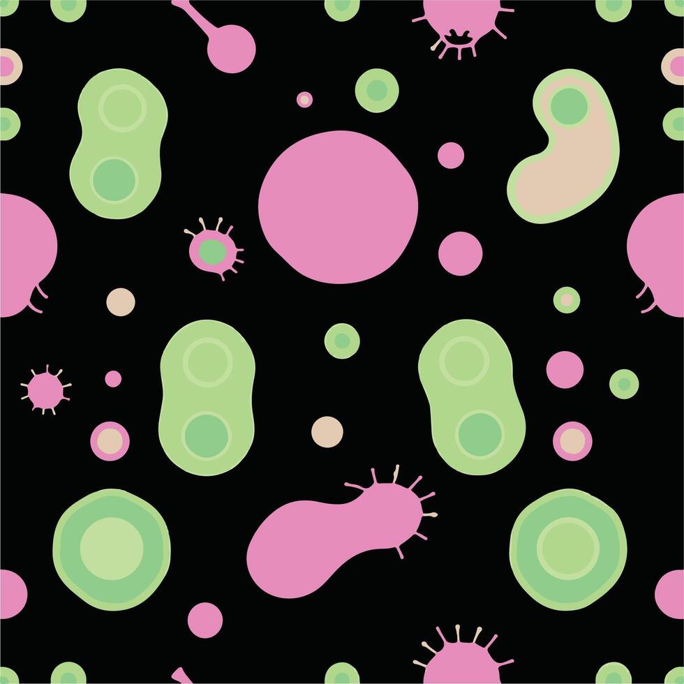 A pattern with pink and green bacteria on black background vector
