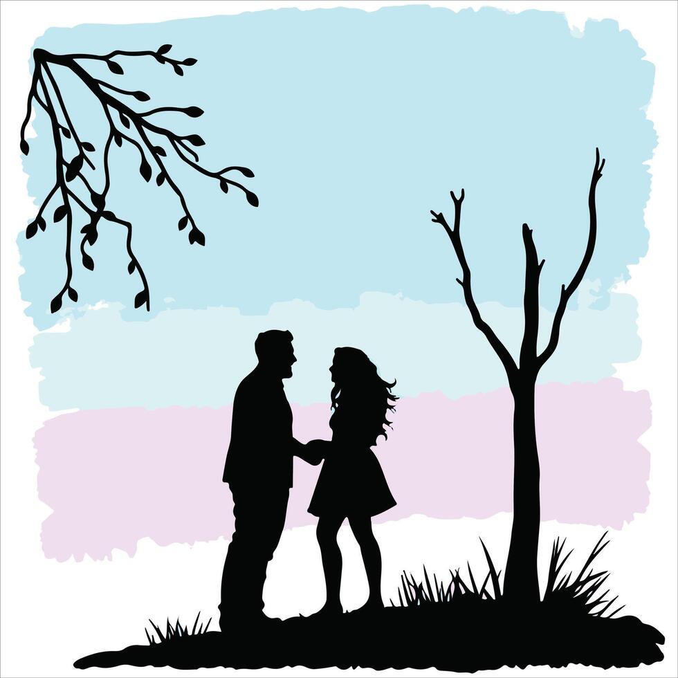 Silhouette of a couple standing under a tree vector