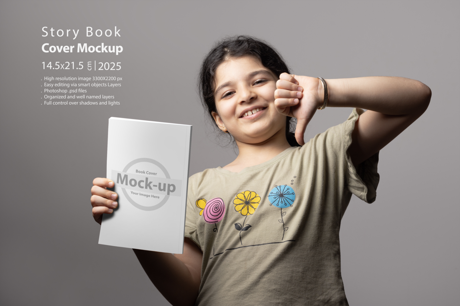 Happy girl showing dislike for book with blank cover mock-up series psd