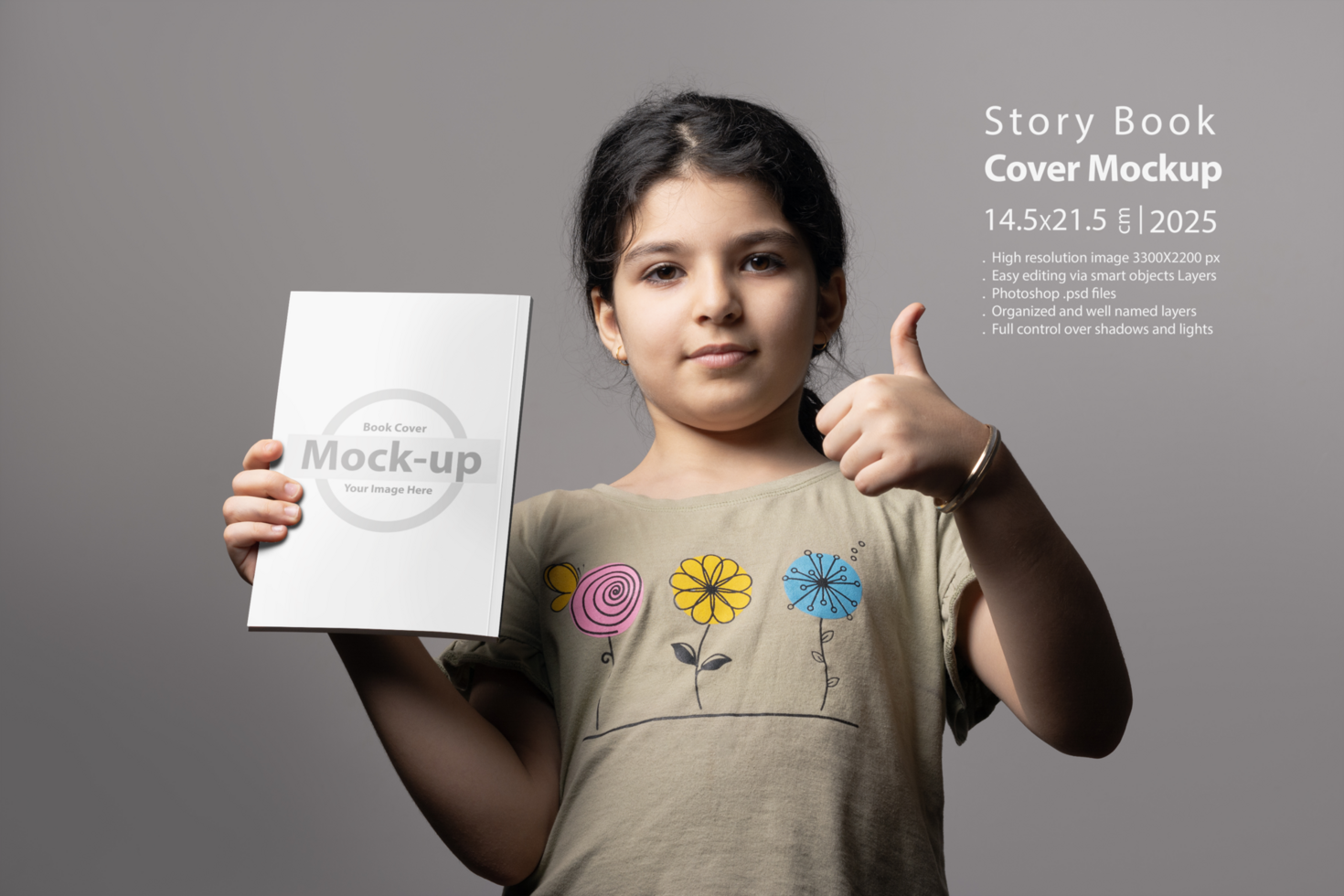 Little girl showing big like for book with blank cover mock-up series psd