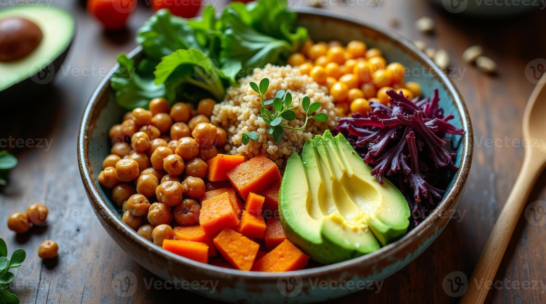 Colorful healthy bowl with quinoa, vegetables, and seeds on a rustic wooden table photo