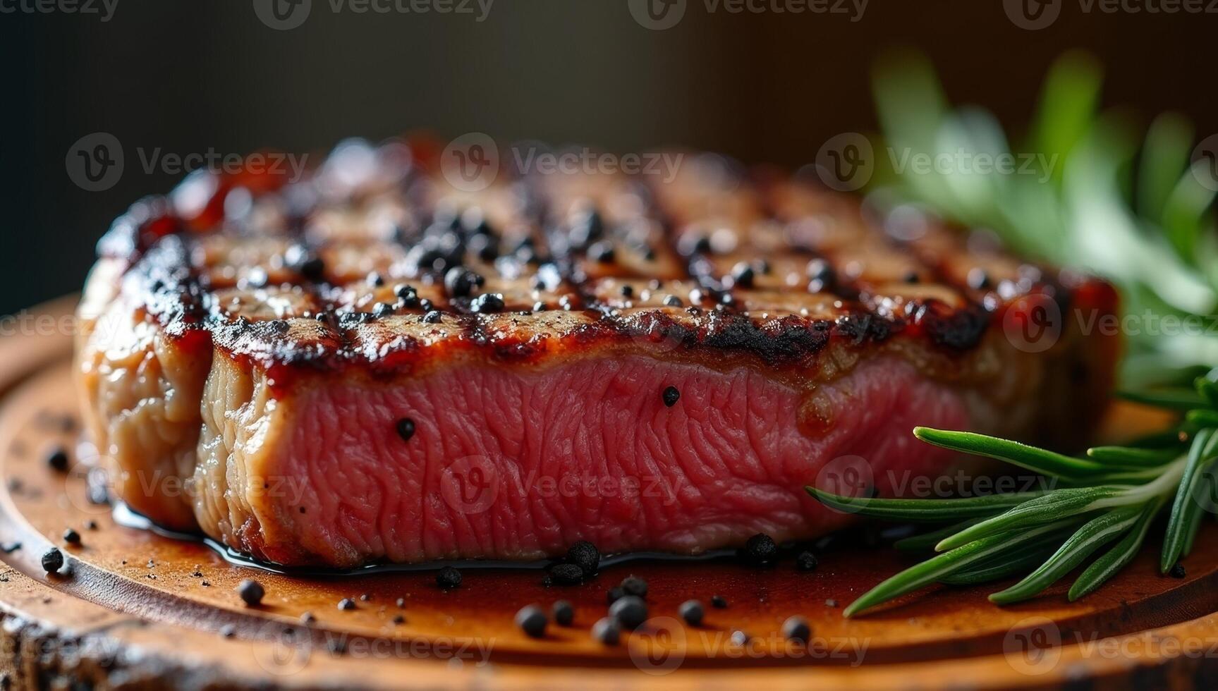 Perfectly grilled steak with fresh herbs on a wooden cutting board prepared for a gourmet meal photo
