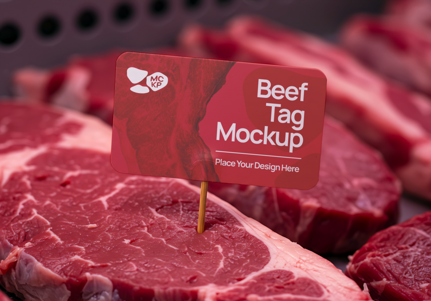A beef tag mockup displayed on a selection of fresh cuts of steak psd