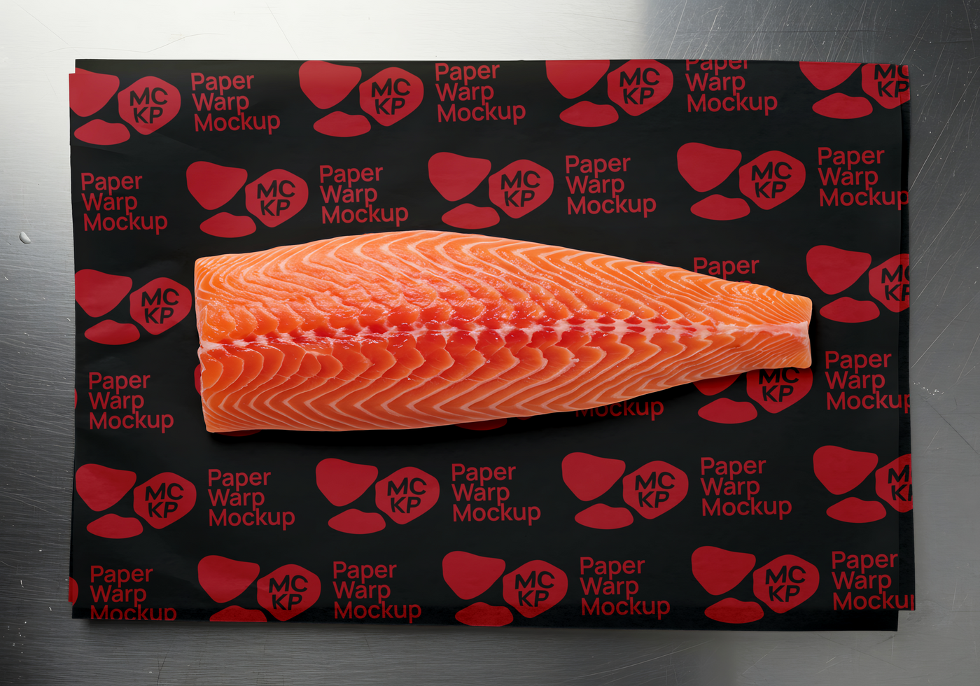 A fresh salmon fillet rests on a patterned sheet of black paper psd