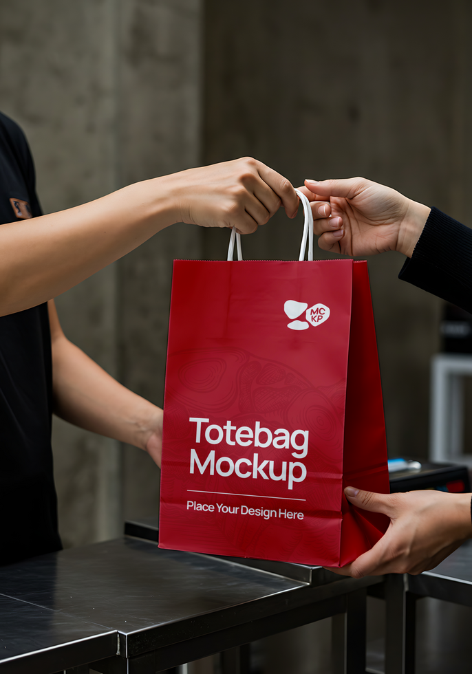 A red tote bag mockup is being exchanged between two people psd