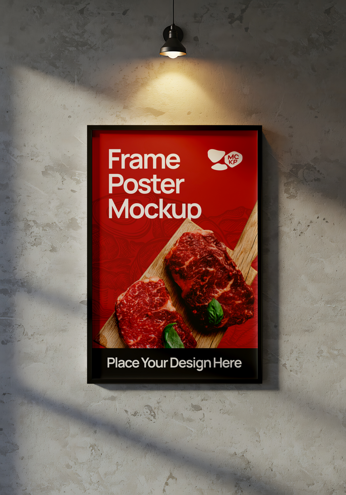 A framed poster mockup featuring two steaks on a wooden board against a red background psd