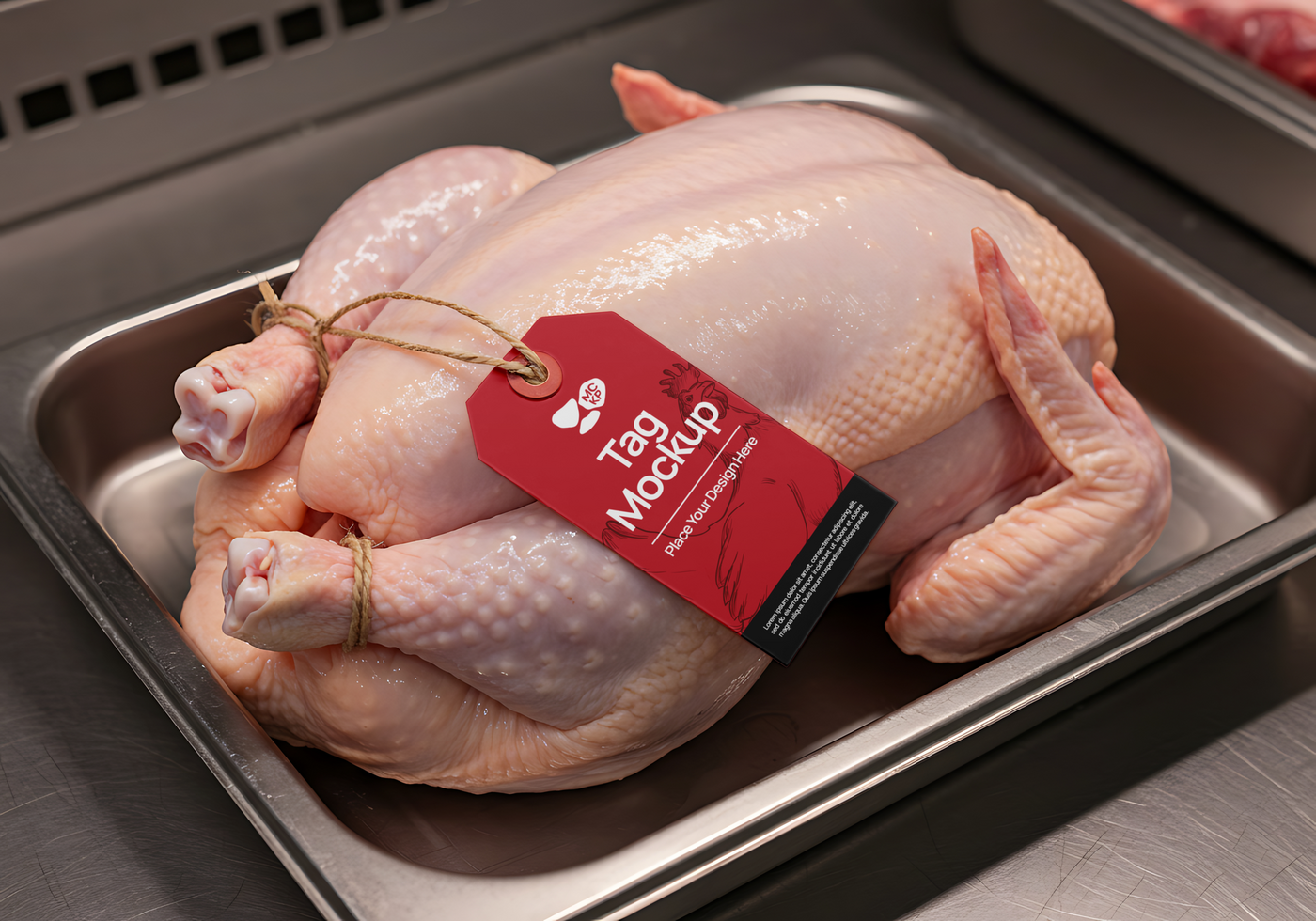 A whole raw chicken sits in a metal tray with a red tag psd