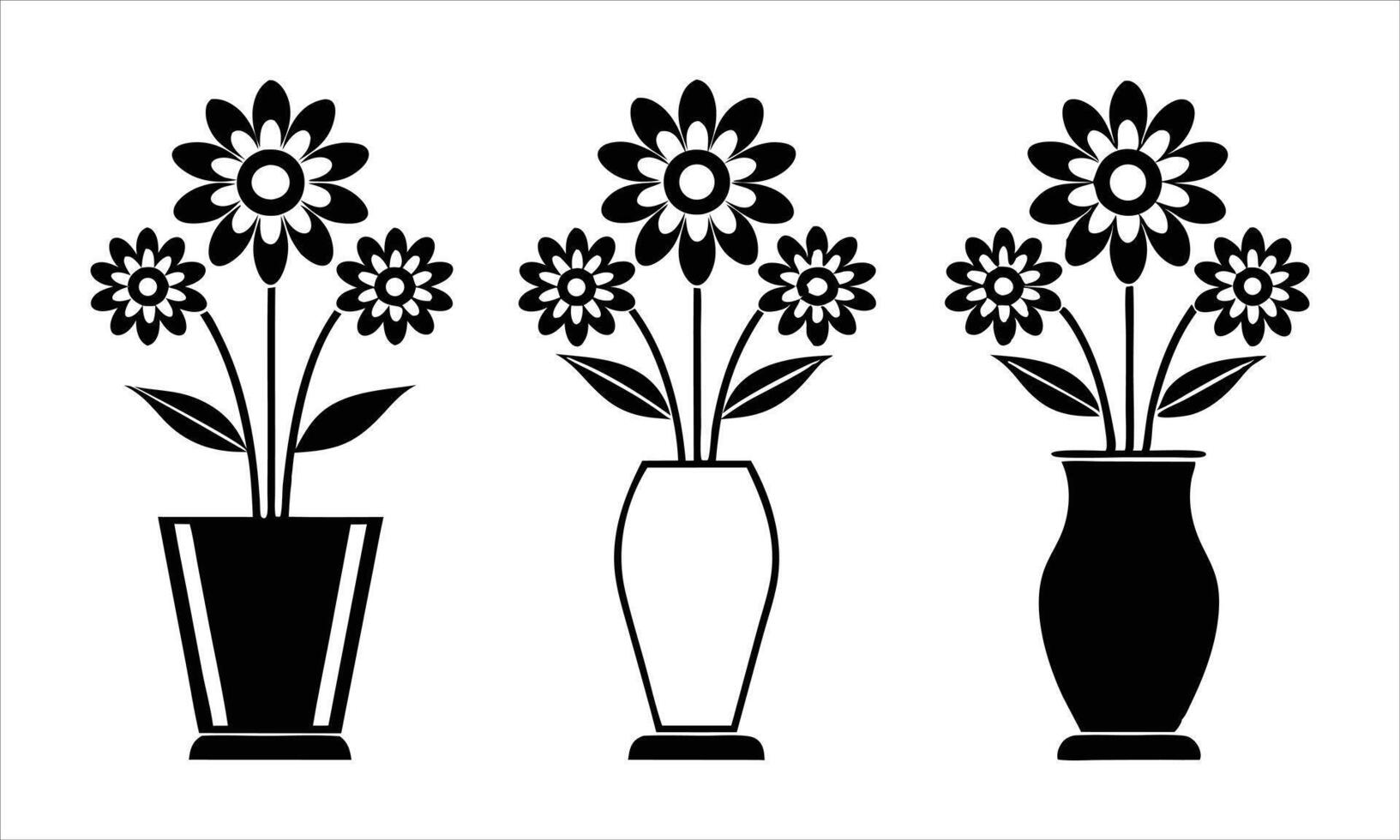 Three black and white vases with flowers in them vector
