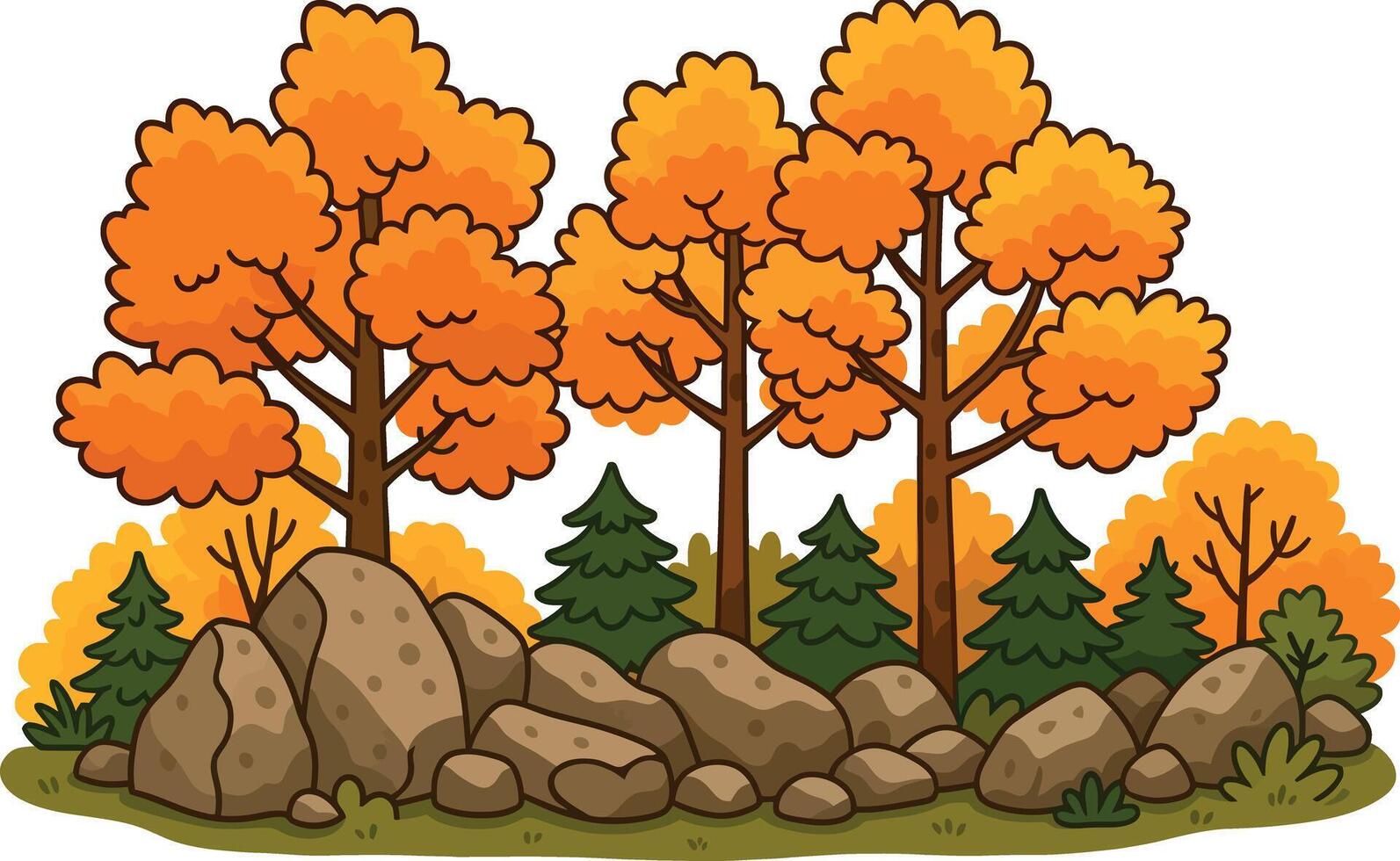 Cute Cartoon Forest Landscape with Rocks and Colorful Trees vector