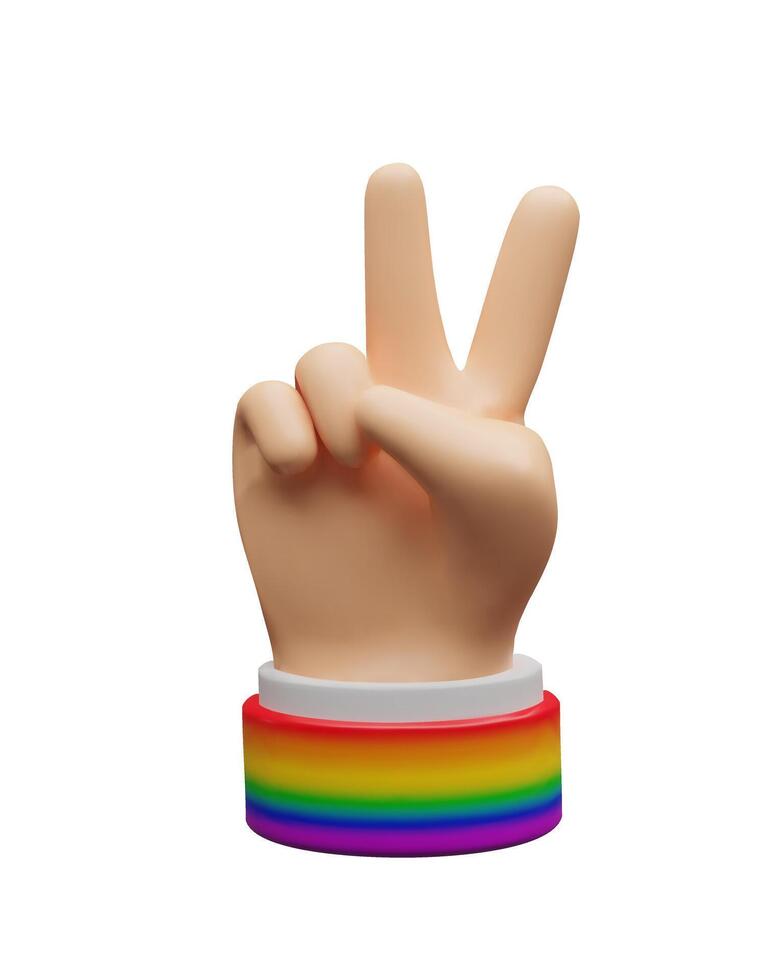 3d piece rainbow gesture. Three-dimensional illustration. Hippie symbol. Concept of communication about victory. Winner success human thumb. Positive harmony messages. Pride month vector